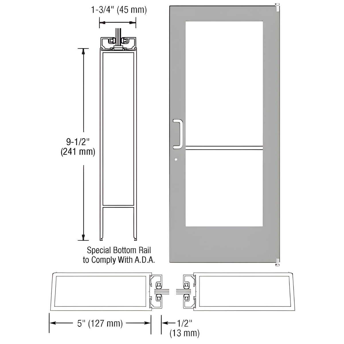 CRL-U.S. Aluminum Clear Anodized Custom Single Series 550 Wide Stile Offset Pivot Entrance Door for Surface Mount Door Closer