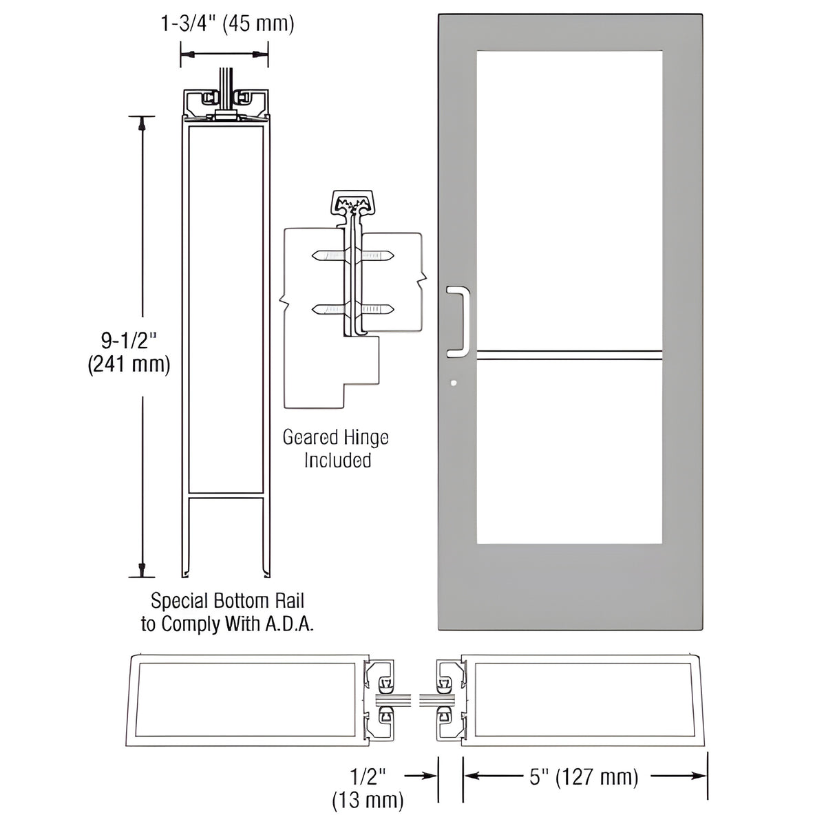 CRL-U.S. Aluminum Clear Anodized Custom Single Series 550 Wide Stile Geared Hinge Entrance Door for Surface Mount Door Closer