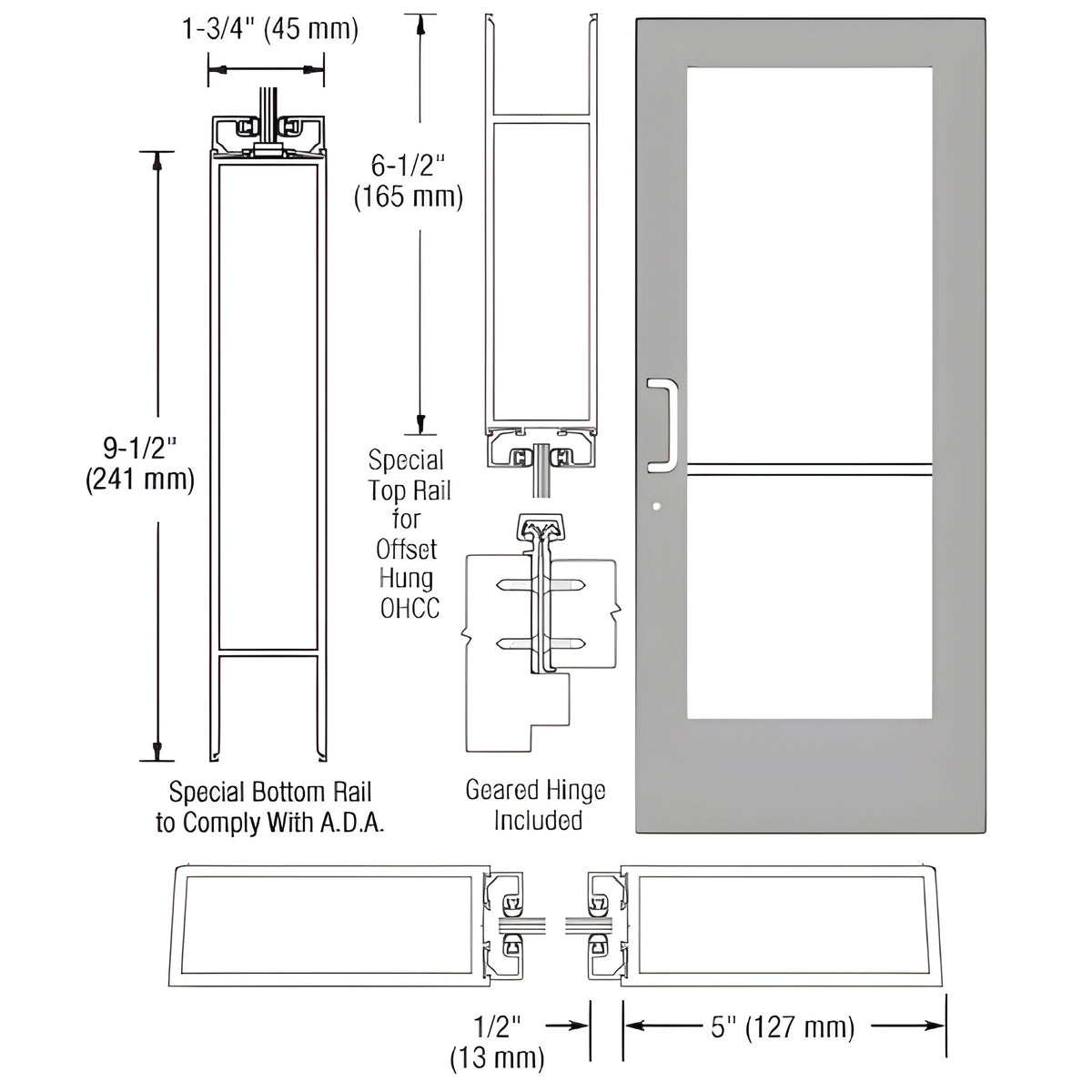 CRL-U.S. Aluminum Clear Anodized Custom Single Series 550 Wide Stile Geared Hinge Entrance Door for Overhead Concealed Door Closer