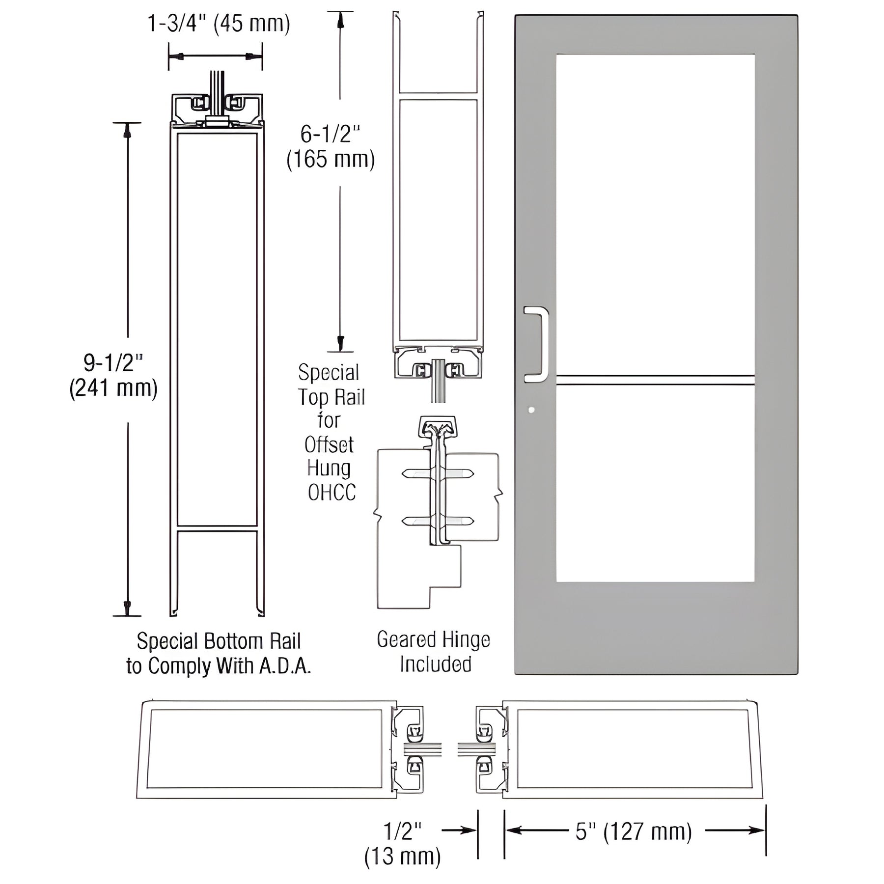 CRL-U.S. Aluminum Clear Anodized Custom Single Series 550 Wide Stile Geared Hinge Entrance Door for Overhead Concealed Door Closer