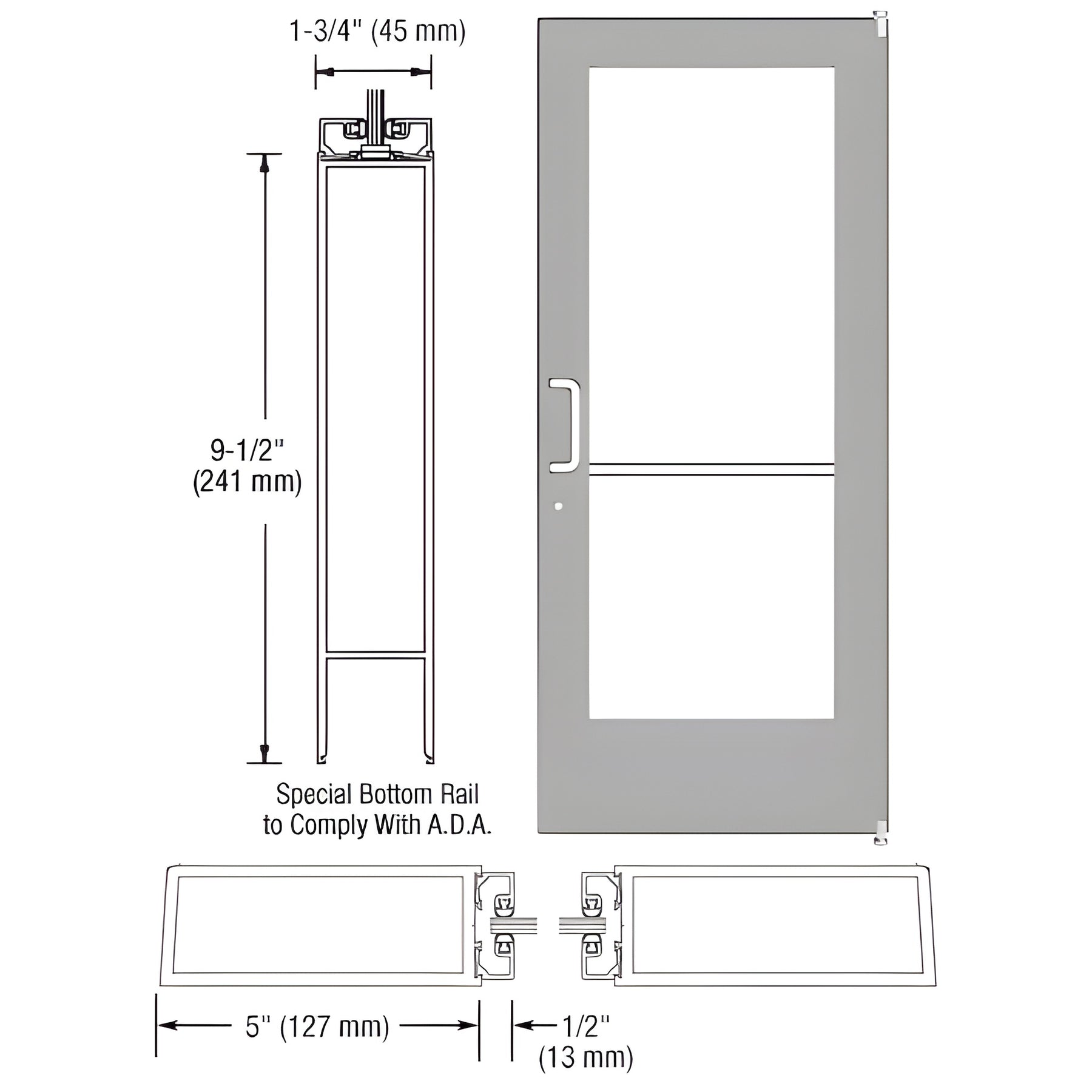 CRL-U.S. Aluminum Clear Anodized Custom Single Series 550 Wide Stile Offset Pivot Entrance Door With Rim Device for Surface Mount Door Closer