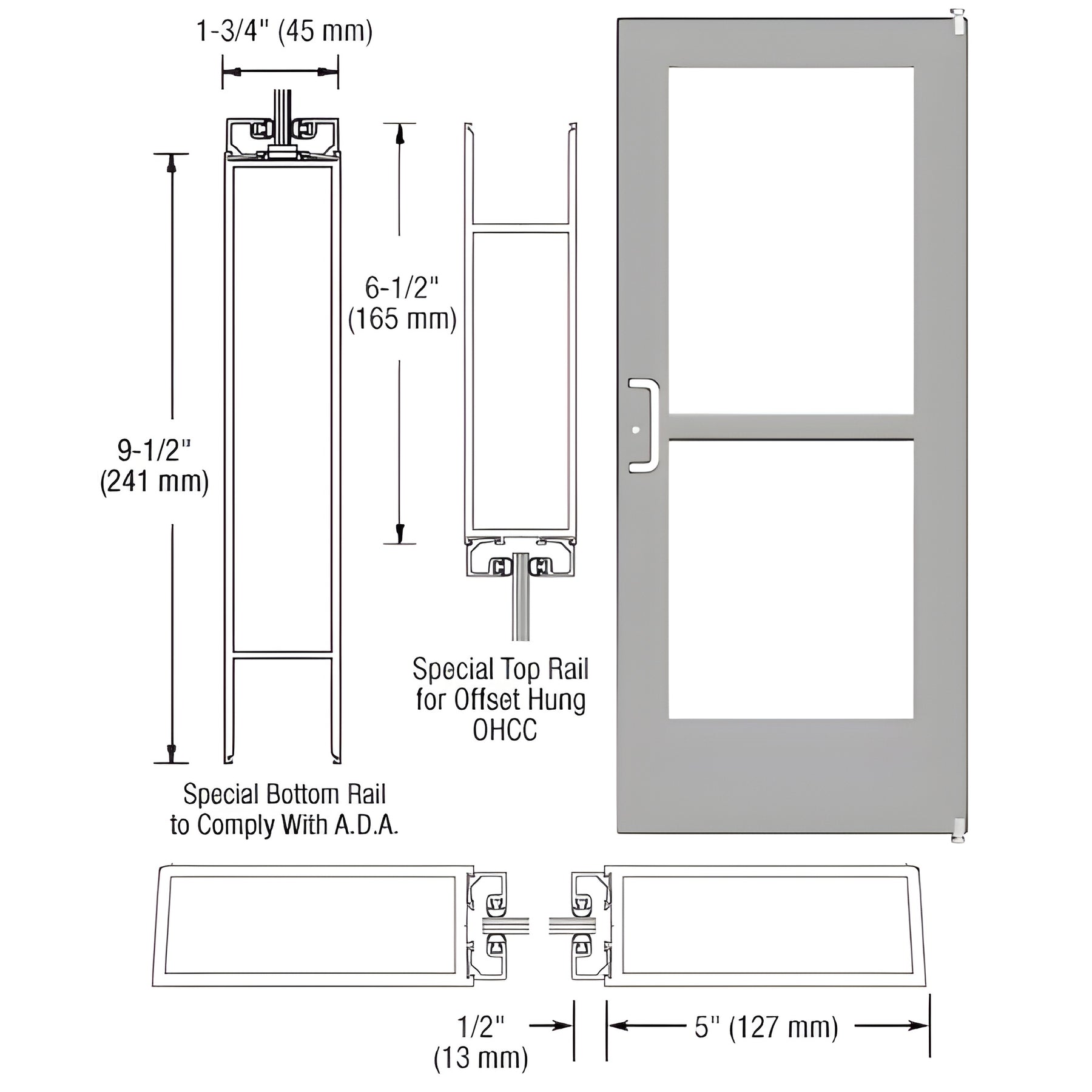 CRL-U.S. Aluminum Clear Anodized Custom Single Series 550 Wide Stile Offset Pivot Entrance Door With Panic for Overhead Concealed Door Closer