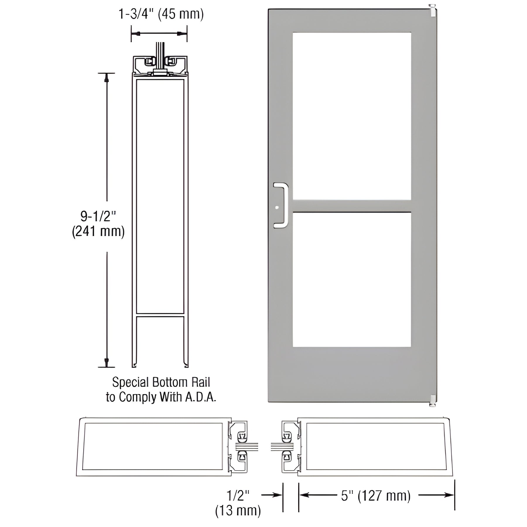 CRL-U.S. Aluminum Clear Anodized Custom Single Series 550 Wide Stile Offset Pivot Entrance Door With Panic for Surface Mount Door Closer