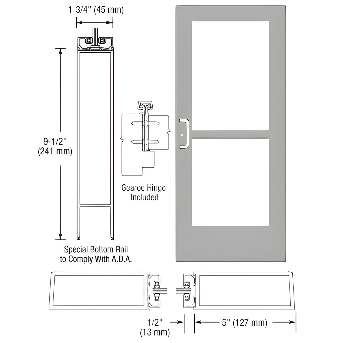 CRL-U.S. Aluminum Clear Anodized Custom Single Series 550 Wide Stile Geared Hinge Entrance Door With Panic for Surface Mount Door Closer