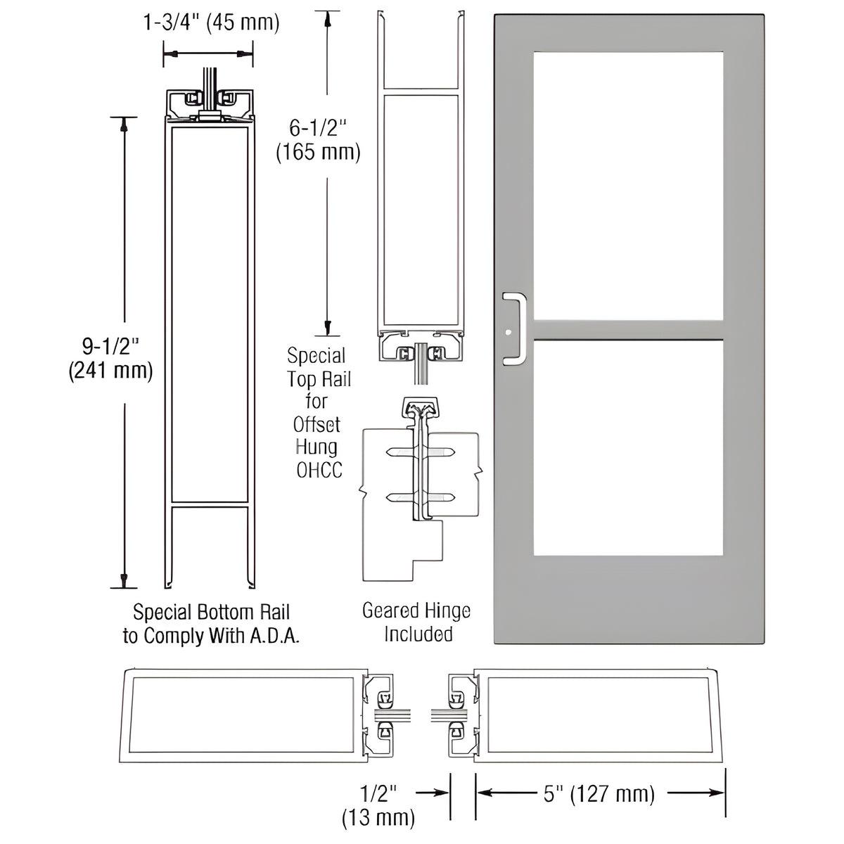 CRL-U.S. Aluminum Clear Anodized Custom Single Series 550 Wide Stile Geared Hinge Entrance Door with Panic for Overhead Concealed Door Closer
