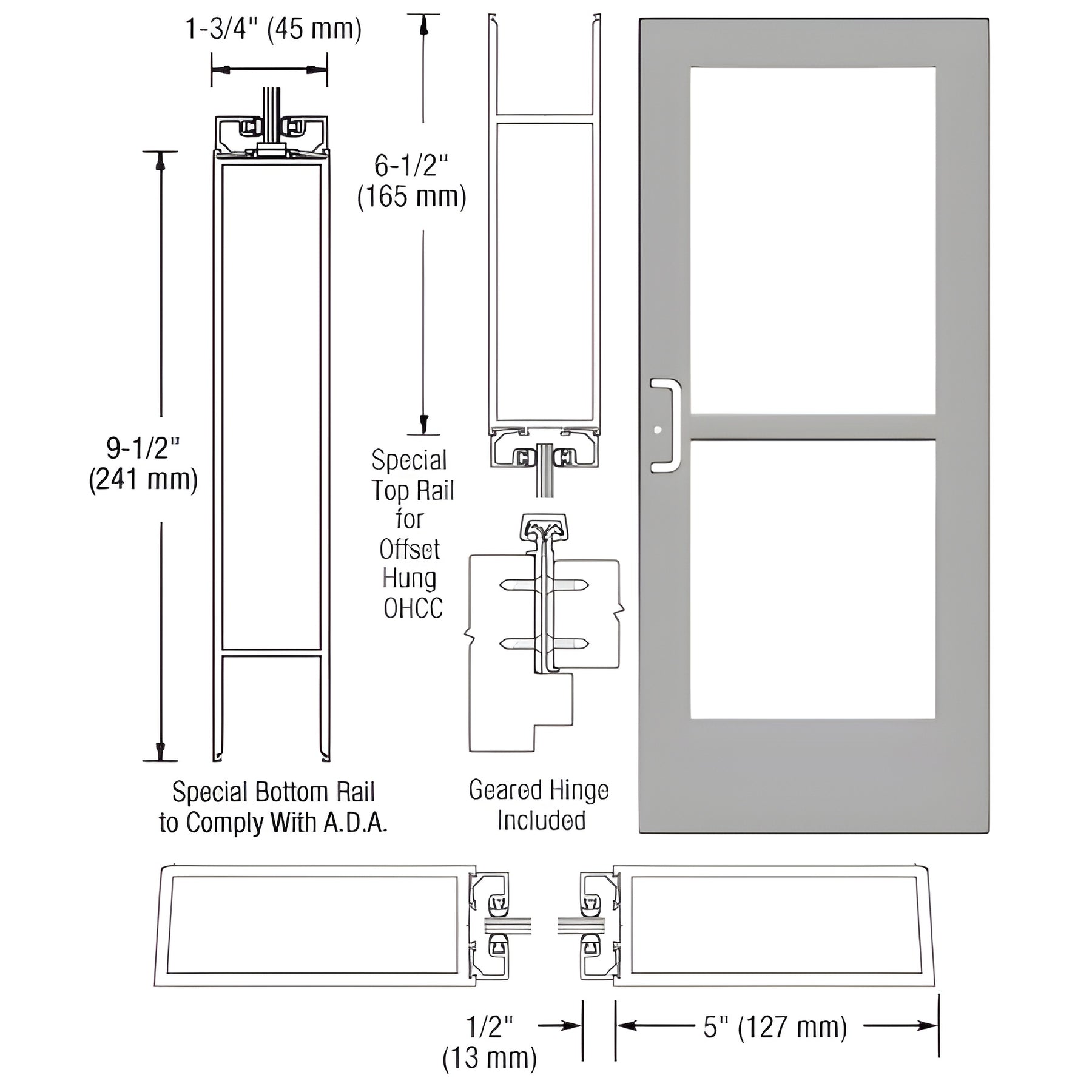 CRL-U.S. Aluminum Clear Anodized Custom Single Series 550 Wide Stile Geared Hinge Entrance Door with Panic for Overhead Concealed Door Closer