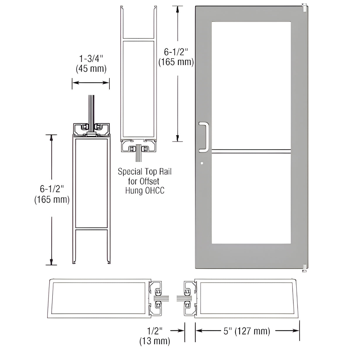 CRL-U.S. Aluminum Clear Anodized Custom Single Series 550 Wide Stile Offset Pivot Entrance Door for Overhead Concealed Door Closer