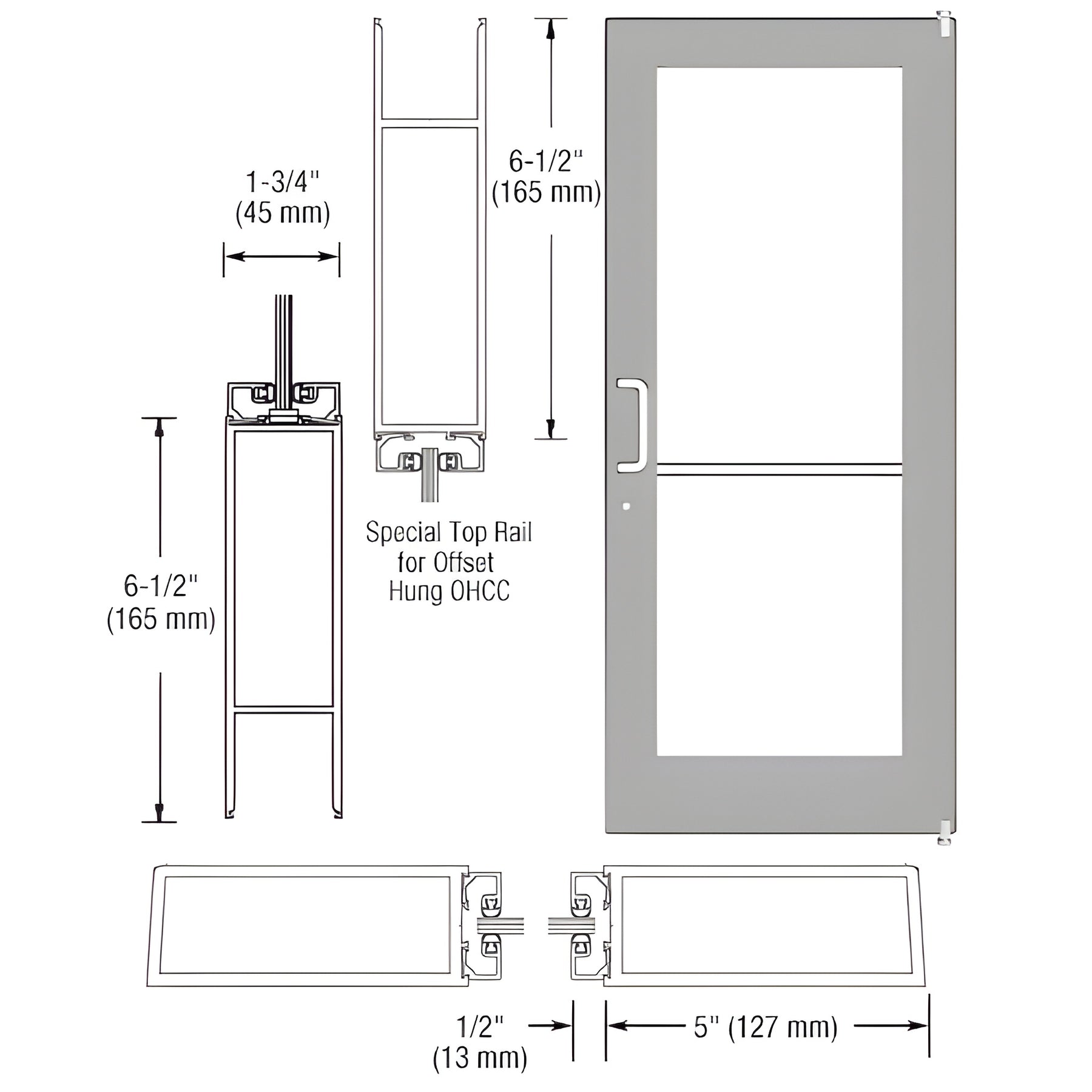 CRL-U.S. Aluminum Clear Anodized Custom Single Series 550 Wide Stile Offset Pivot Entrance Door for Overhead Concealed Door Closer