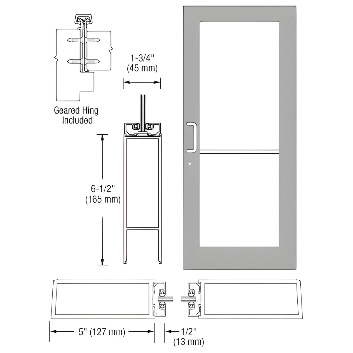 CRL-U.S. Aluminum Clear Anodized Custom Single Series 550 Wide Stile Geared Hinge Entrance Door for Surface Mount Door Closer