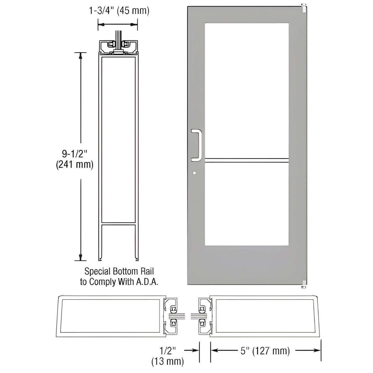 CRL-U.S. Aluminum Clear Anodized Custom Single Series 550 Wide Stile Offset Pivot Entrance Door for Surface Mount Door Closer