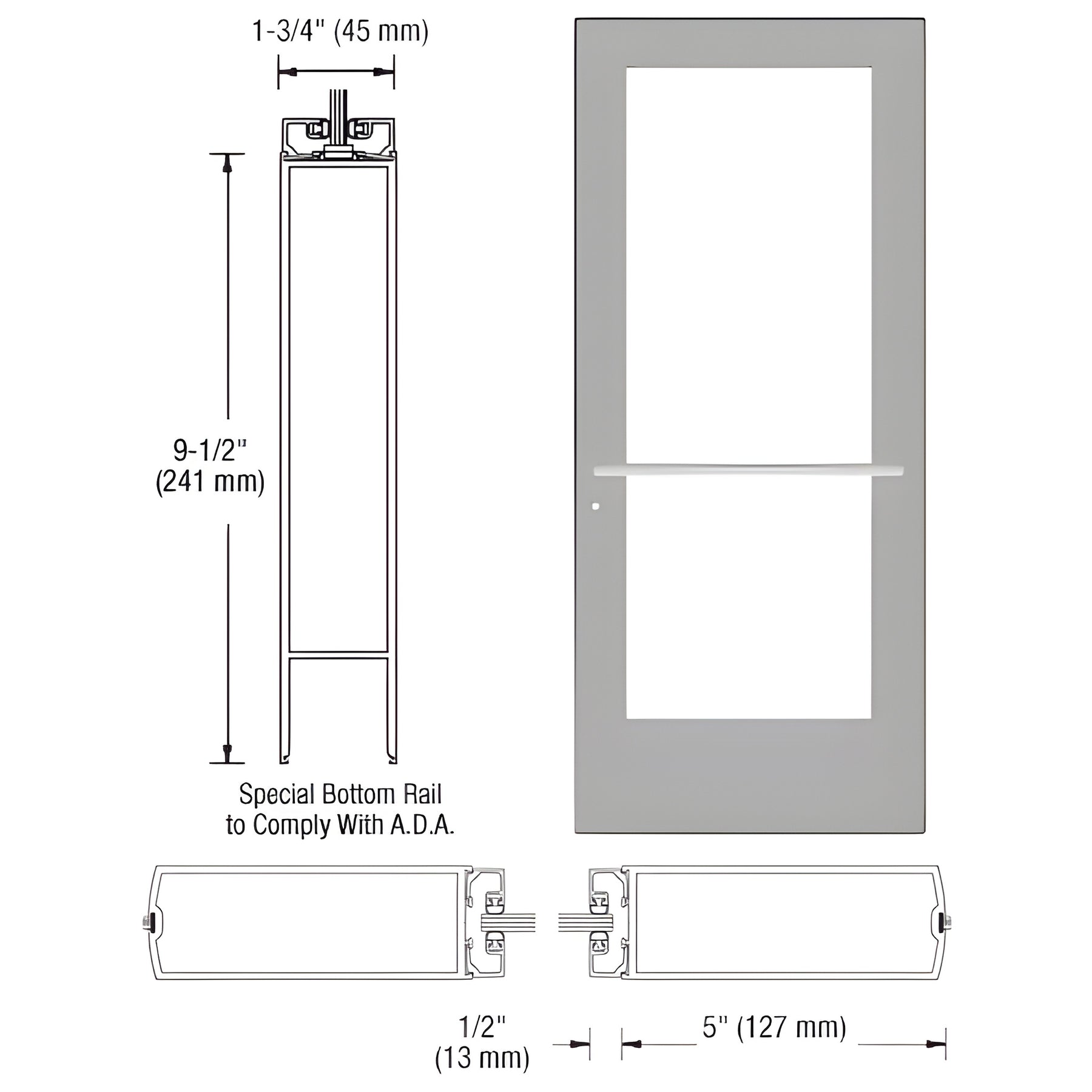CRL-U.S. Aluminum Clear Anodized Custom Single Series 550 Wide Stile Center Pivot Entrance Door for Overhead Concealed Door Closer