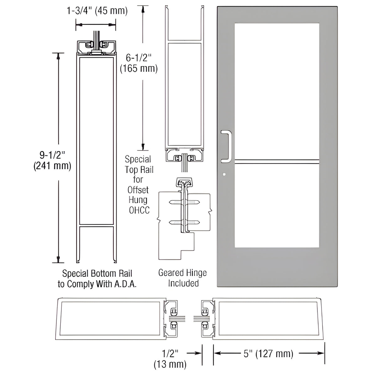 CRL-U.S. Aluminum Clear Anodized Custom Single Series 550 Wide Stile Geared Hinge Entrance Door for Overhead Concealed Door Closers