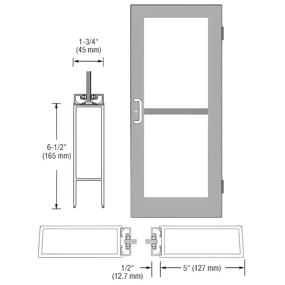 CRL-U.S. Aluminum Clear Anodized Custom Single Series 550 Wide Stile Butt Hinged Entrance Door For Panics and Surface Mount Door Closers