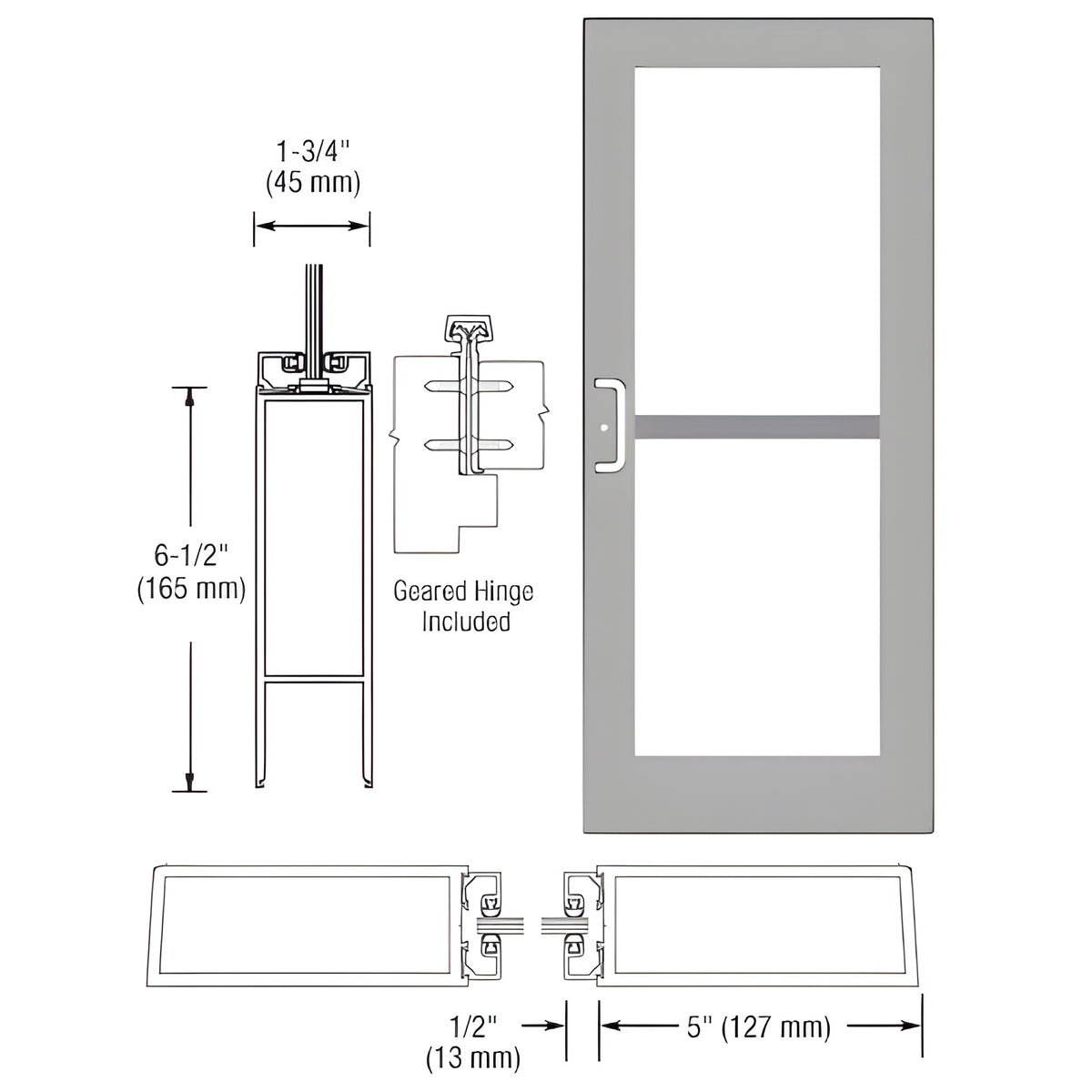 CRL-U.S. Aluminum Clear Anodized Custom Single Series 550 Wide Stile Geared Hinge Entrance Door For Panic and Surface Mount Door Closer