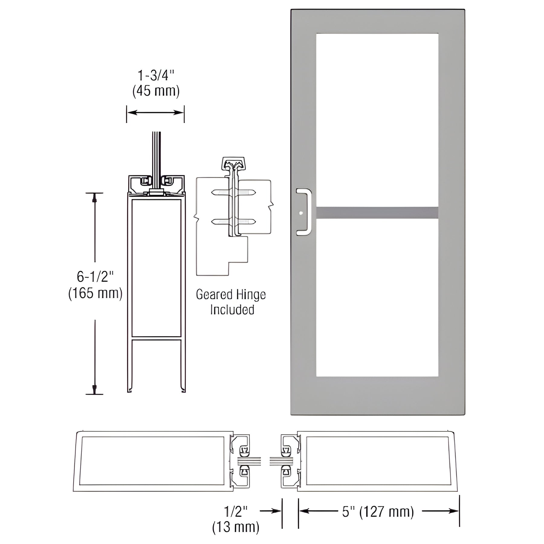 CRL-U.S. Aluminum Clear Anodized Custom Single Series 550 Wide Stile Geared Hinge Entrance Door For Panic and Surface Mount Door Closer