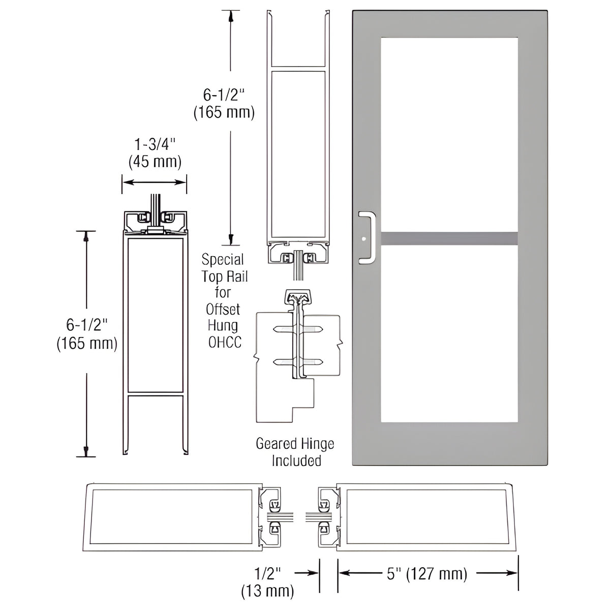CRL-U.S. Aluminum Clear Anodized Custom Single Series 550 Wide Stile Geared Hinge Entrance Door for Panic and Overhead Concealed Door Closer
