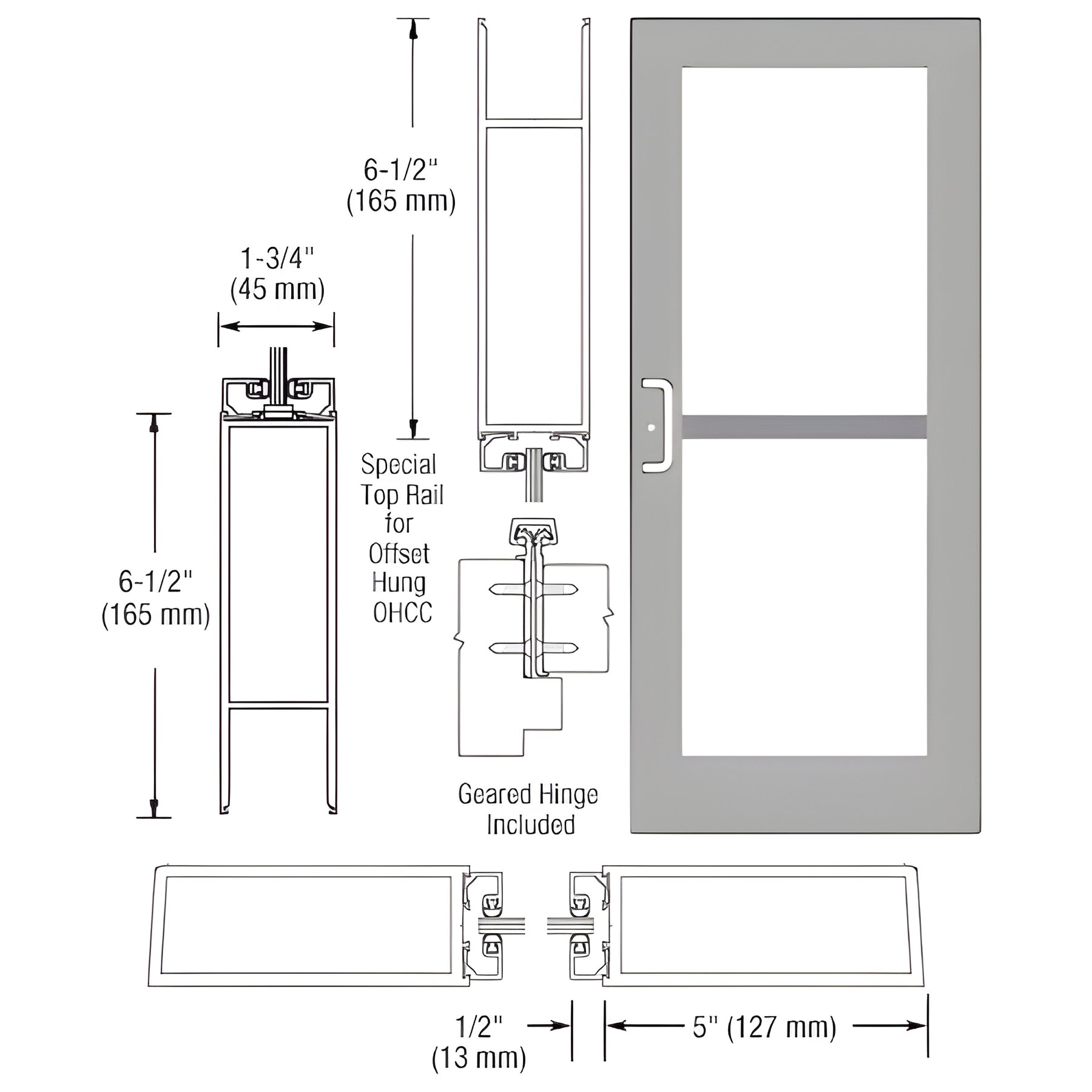 CRL-U.S. Aluminum Clear Anodized Custom Single Series 550 Wide Stile Geared Hinge Entrance Door for Panic and Overhead Concealed Door Closer