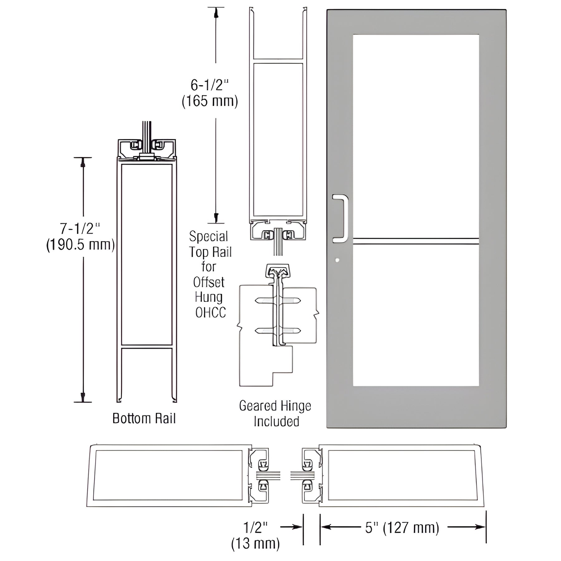 CRL-U.S. Aluminum Clear Anodized Custom Single Series 550 Wide Stile Geared Hinge Entrance Door for Overhead Concealed Door Closer