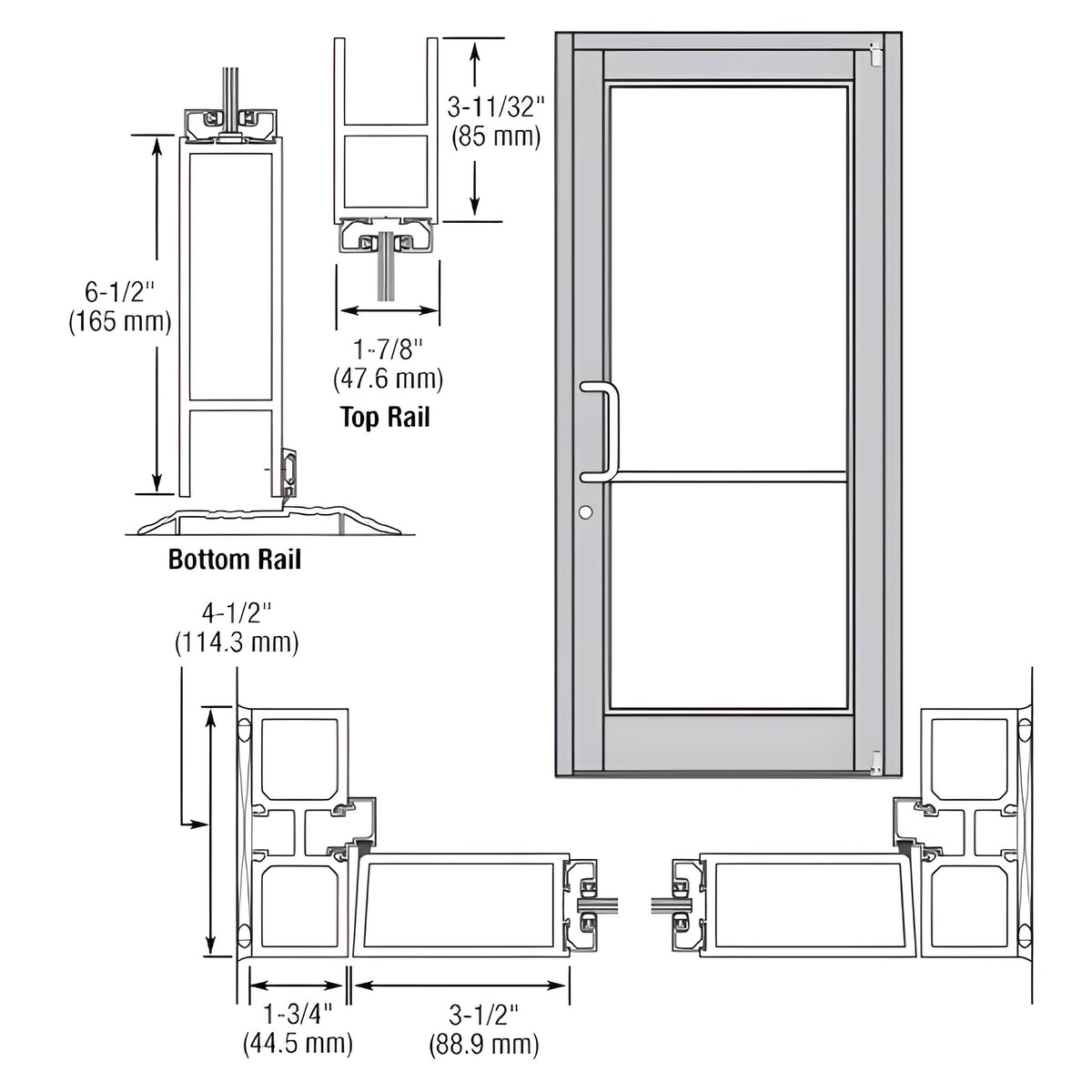 CRL-U.S. Aluminum Clear Anodized Custom Single Series 800 Durafront Medium Stile Offset Pivot Entrance Door for Surface Mount Door Closer