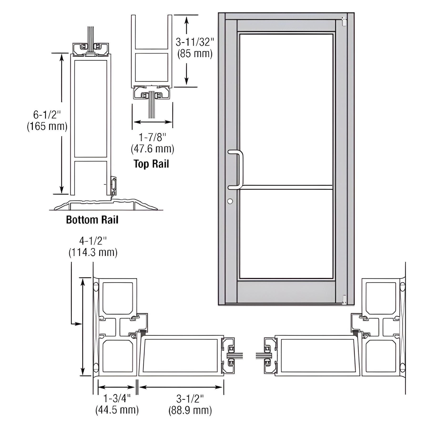 CRL-U.S. Aluminum Clear Anodized Custom Single Series 800 Durafront Medium Stile Offset Pivot Entrance Door for Surface Mount Door Closer