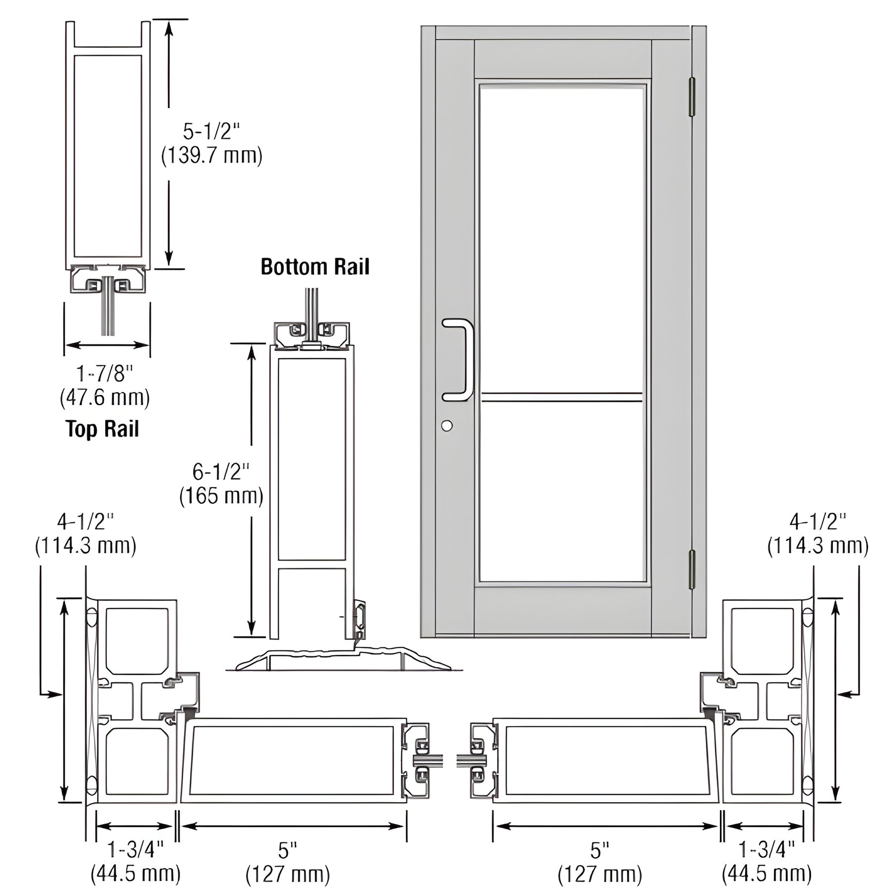 CRL-U.S. Aluminum Clear Anodized Custom Single Series 850 Durafront Wide Stile Butt Hinged Entrance Door for Surface Mount Door Closer