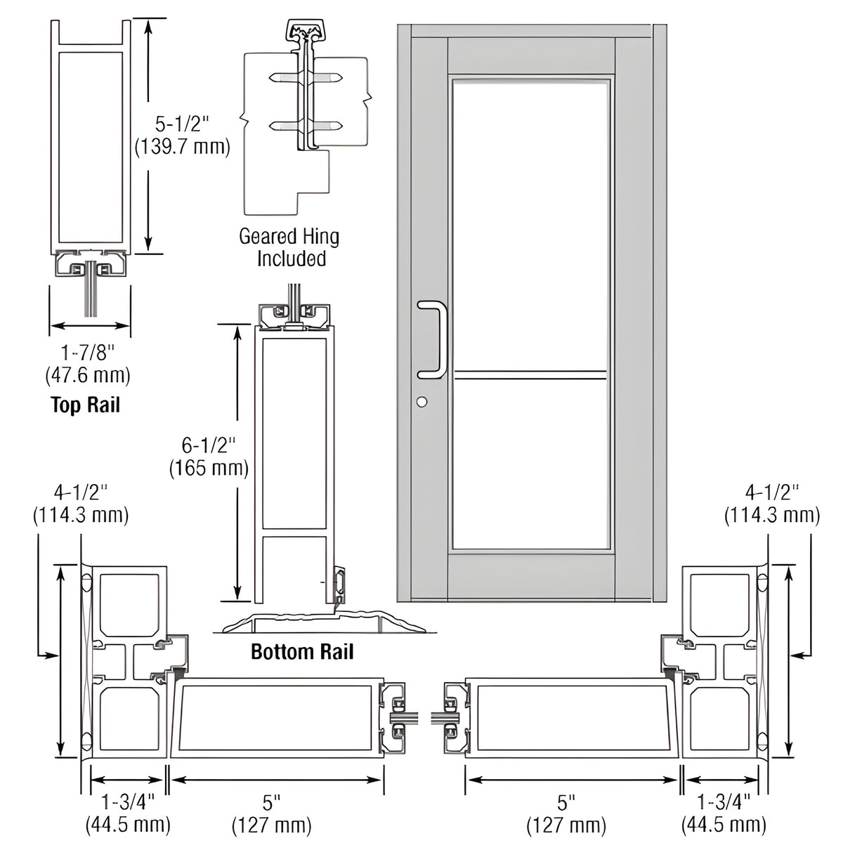 CRL-U.S. Aluminum Clear Anodized Custom Single Series 850 Durafront Wide Stile Geared Hinge Entrance Door for Surface Mount Door Closer