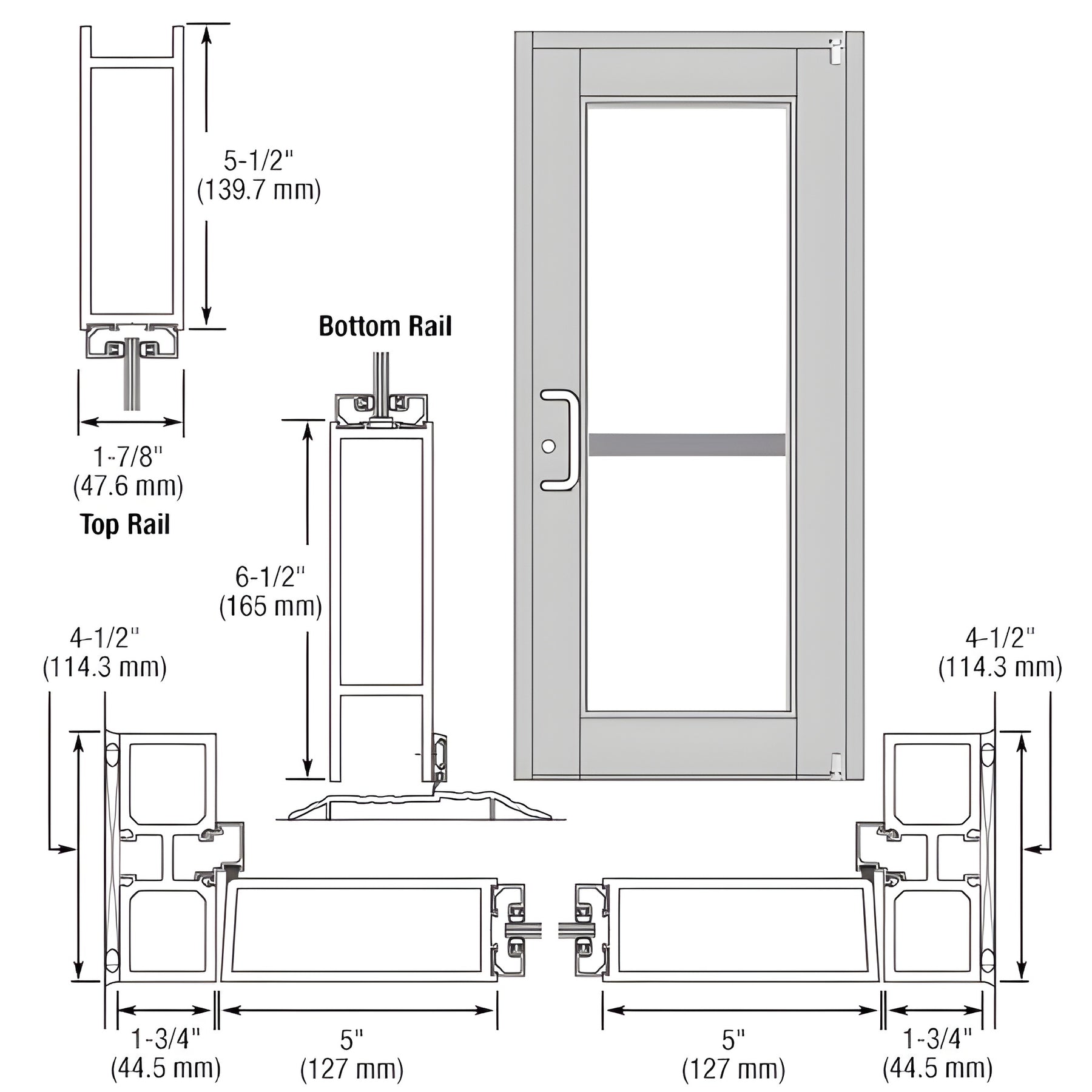 CRL-U.S. Aluminum Clear Anodized Custom Single Series 850 Durafront Wide Stile Offset Pivot Entrance Door for Panic and Surface Mount Door Closer