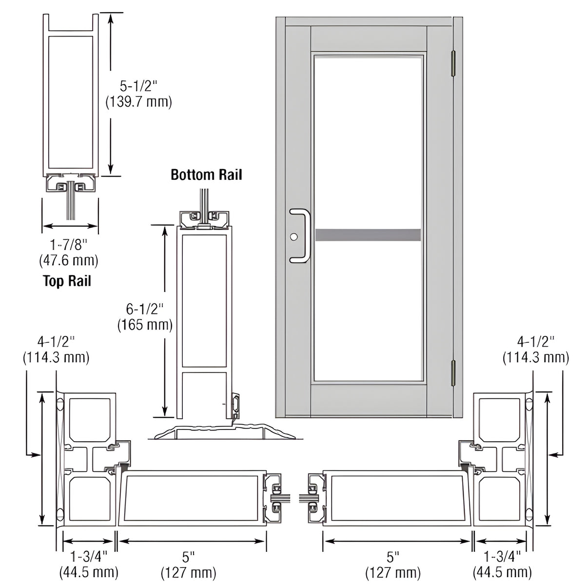 CRL-U.S. Aluminum Clear Anodized Custom Single Series 850 Durafront Wide Stile Butt Hinged Entrance Door For Panic and Surface Mount Door Closer