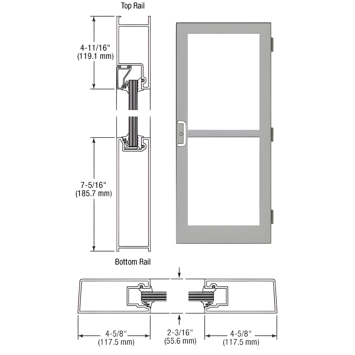CRL-U.S. Aluminum Clear Anodized Custom Single StormFront™ Series 400 Medium Stile Butt Hinged Entrance Door For Panic and Surface Mount Door Closer