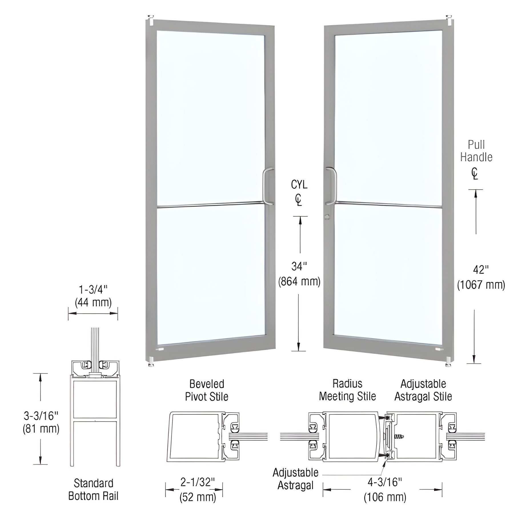 CRL-U.S. Aluminum Clear Anodized Custom Size Pair Series 250 Narrow Stile Offset Pivot Showroom Doors For Surface Mount Door Closers
