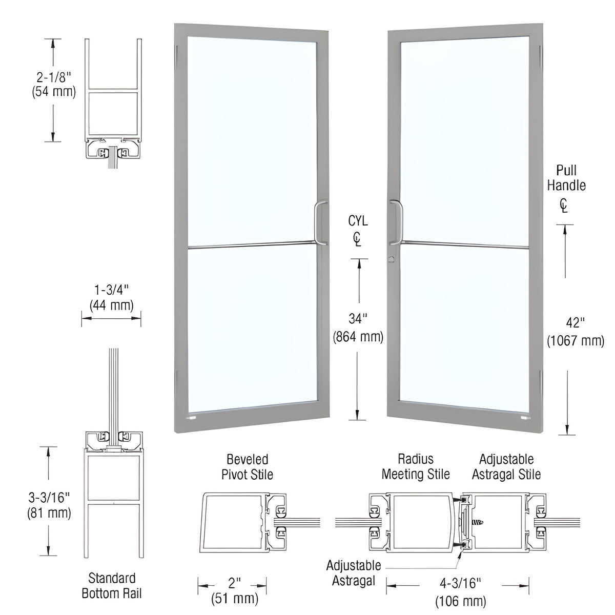 CRL-U.S. Aluminum Clear Anodized Custom Size Pair Series 250 Narrow Stile Butt Hinge Showroom Doors for Surface Mount Door Closers