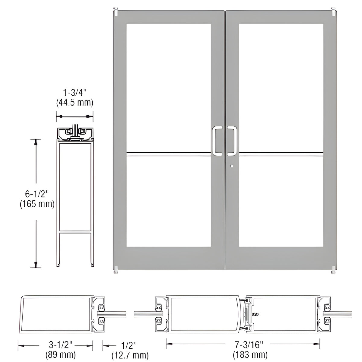 CRL-U.S. Aluminum Clear Anodized Custom Size Pair Series 400 Medium Stile Offset Pivot Showroom Doors for Surface Mount Door Closers