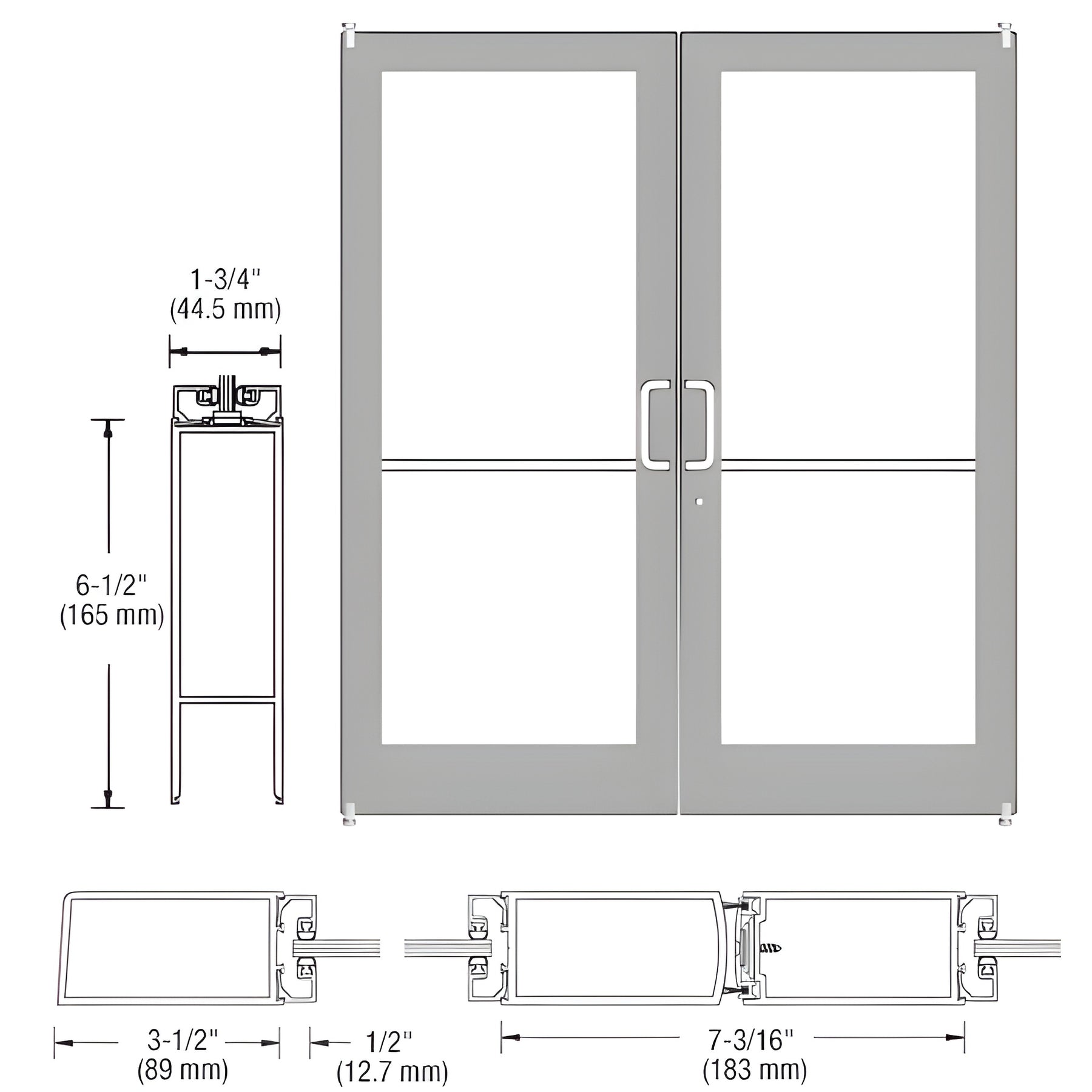 CRL-U.S. Aluminum Clear Anodized Custom Size Pair Series 400 Medium Stile Offset Pivot Showroom Doors for Surface Mount Door Closers