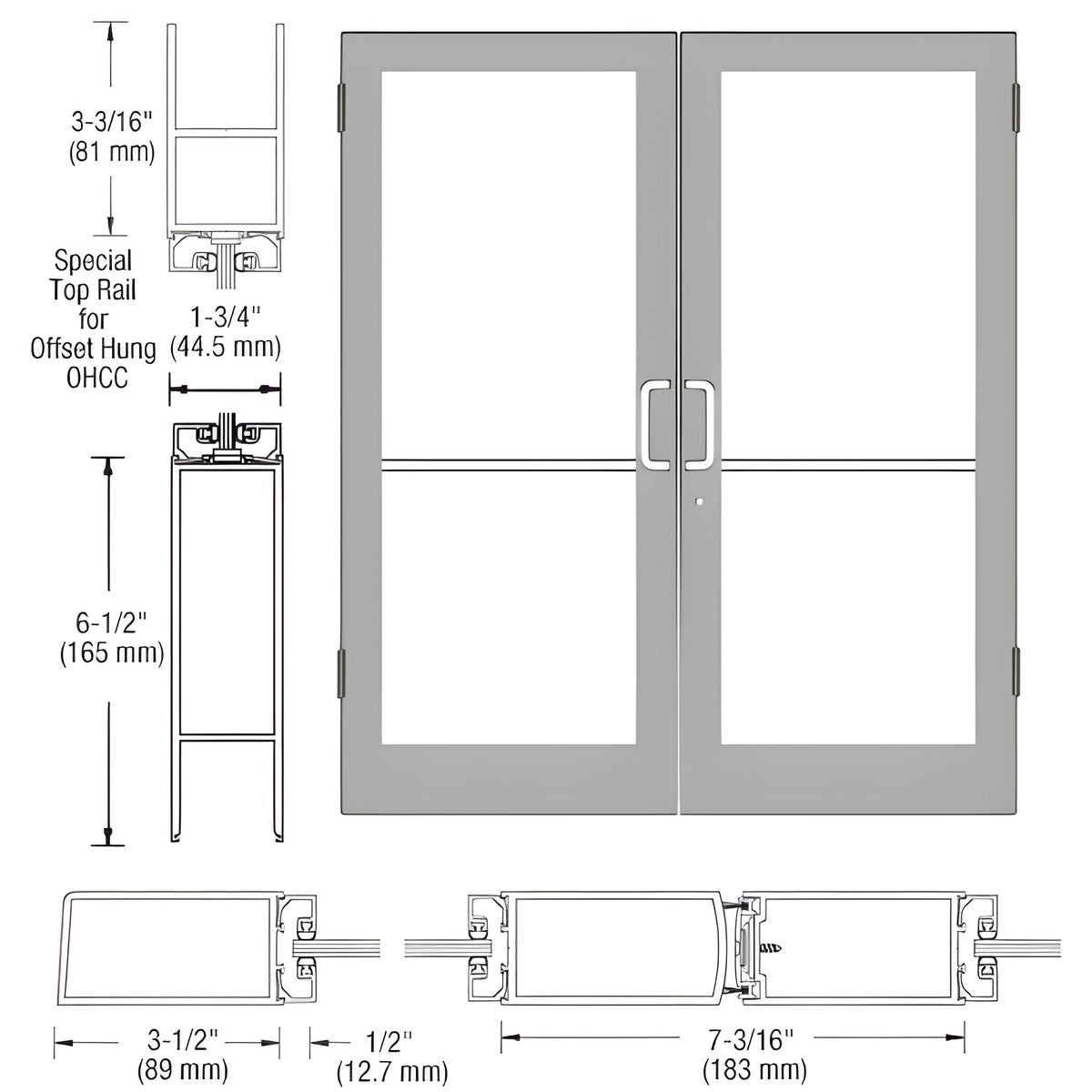 CRL-U.S. Aluminum Clear Anodized Custom Size Pair Series 400 Medium Stile Butt Hinged Showroom Doors for Overhead Concealed Door Closers