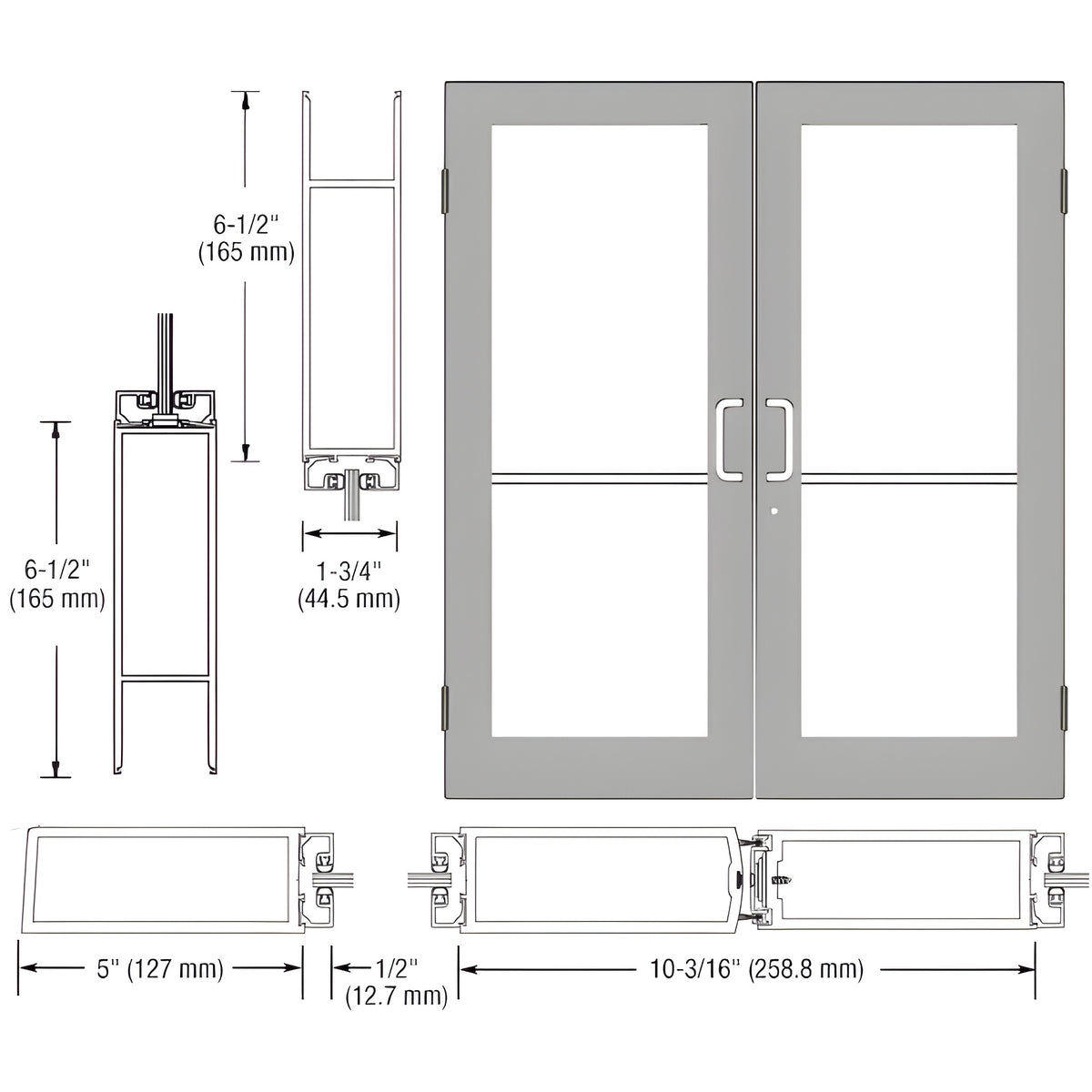 CRL-U.S. Aluminum Clear Anodized Custom Size Pair Series 550 Wide Stile Butt Hinge Entrance Door for Overhead Concealed Door Closers