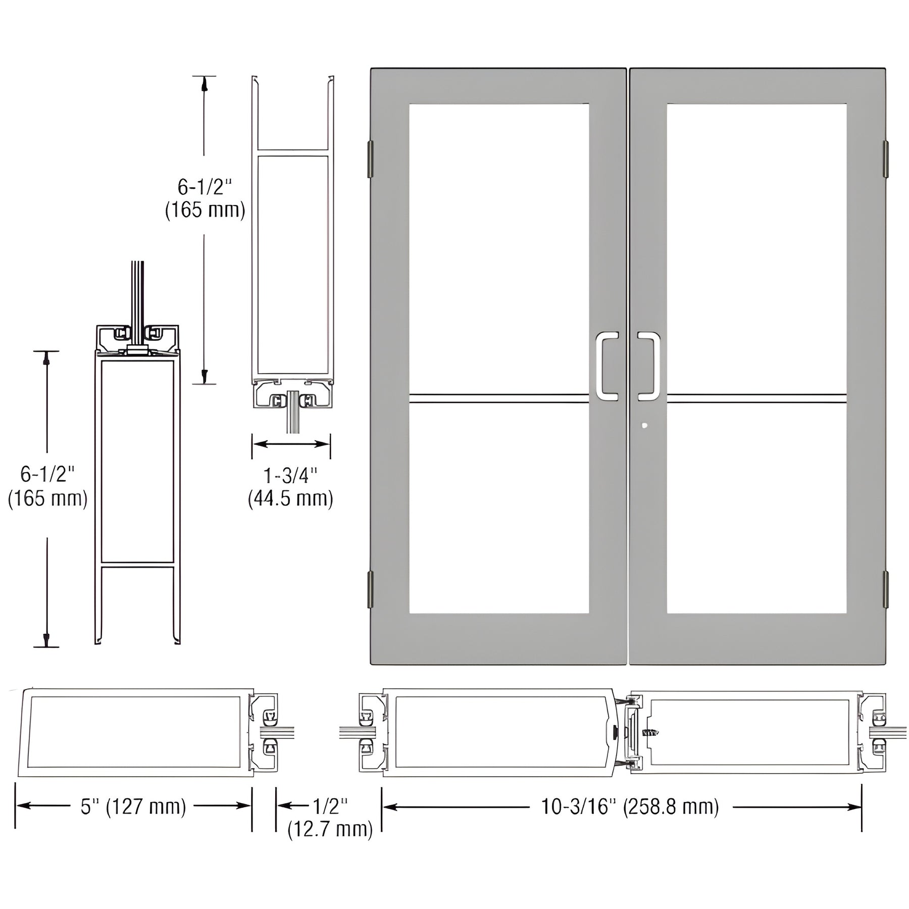 CRL-U.S. Aluminum Clear Anodized Custom Size Pair Series 550 Wide Stile Butt Hinge Entrance Door for Overhead Concealed Door Closers