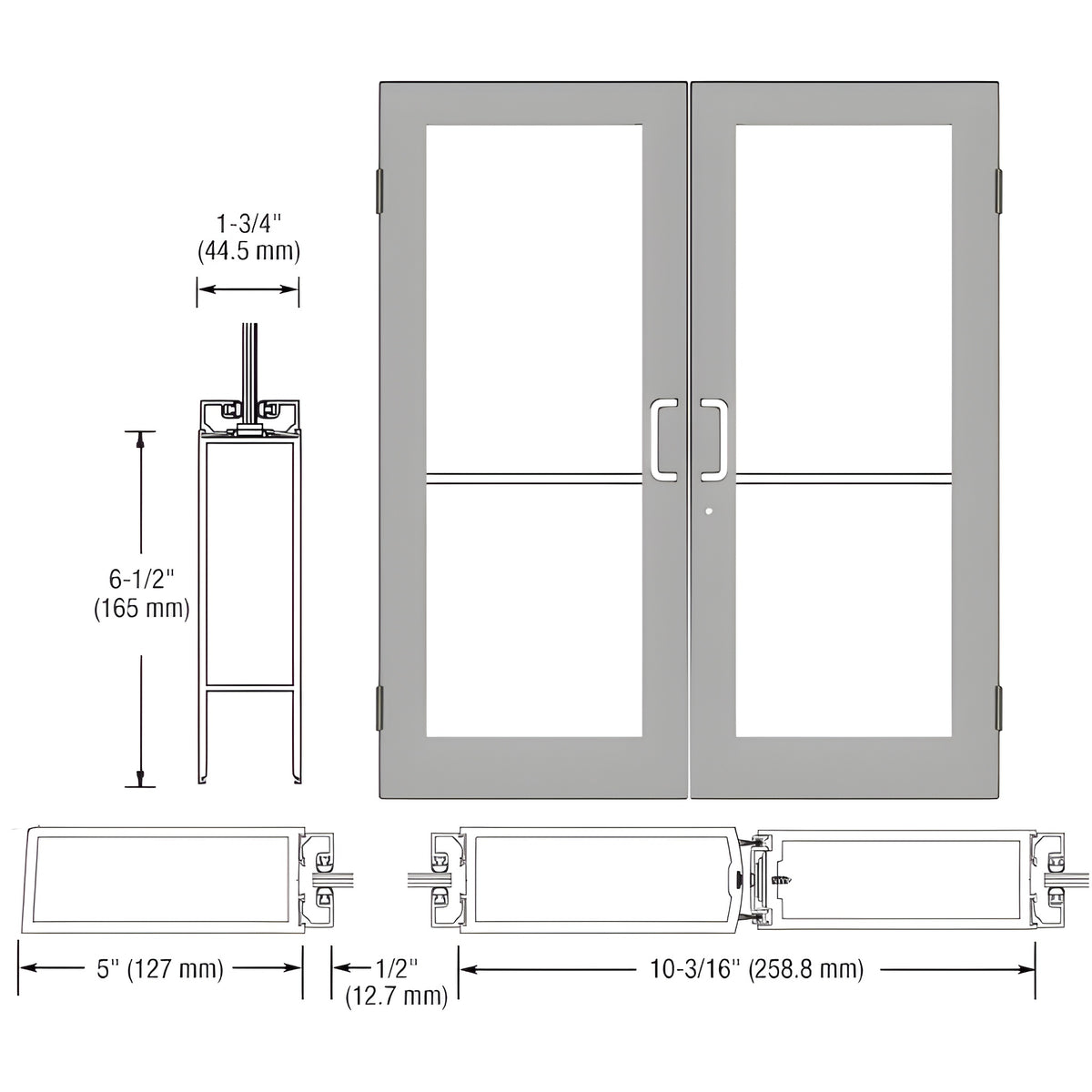 CRL-U.S. Aluminum Clear Anodized Custom Size Pair Series 550 Wide Stile Butt Hinge Entrance Doors for Surface Mount Door Closers