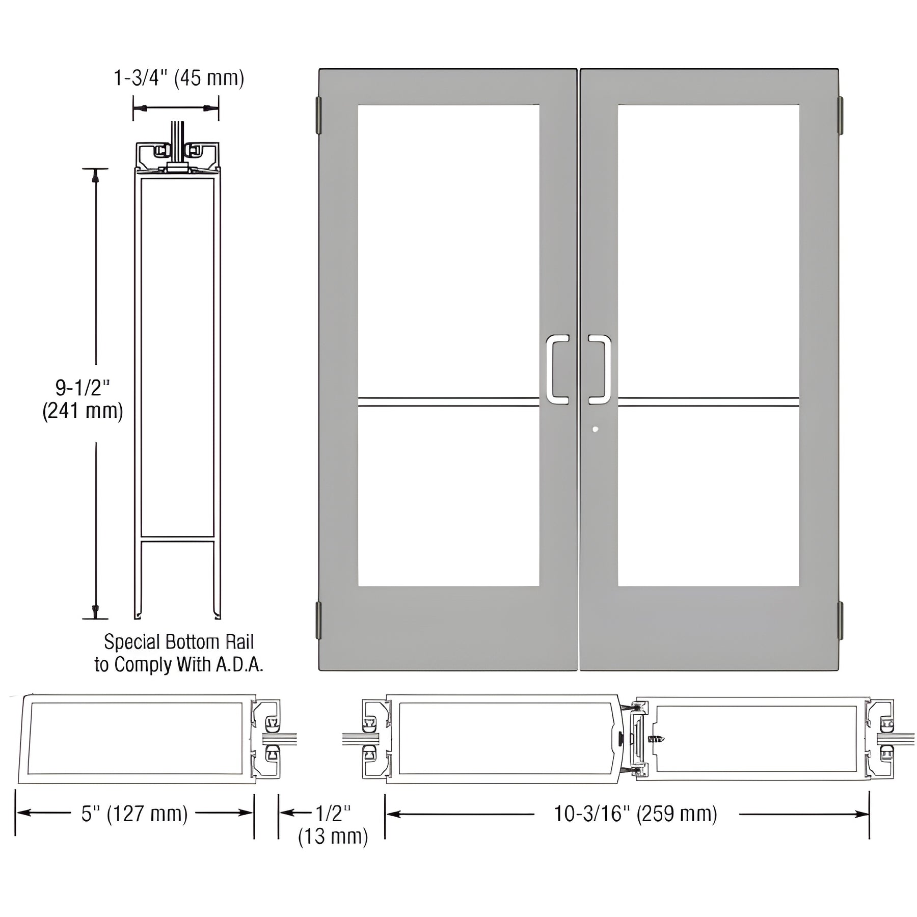 CRL-U.S. Aluminum Clear Anodized Custom Size Pair Series 550 Wide Stile Butt Hinge Entrance Door for Surface Mount Door Closers