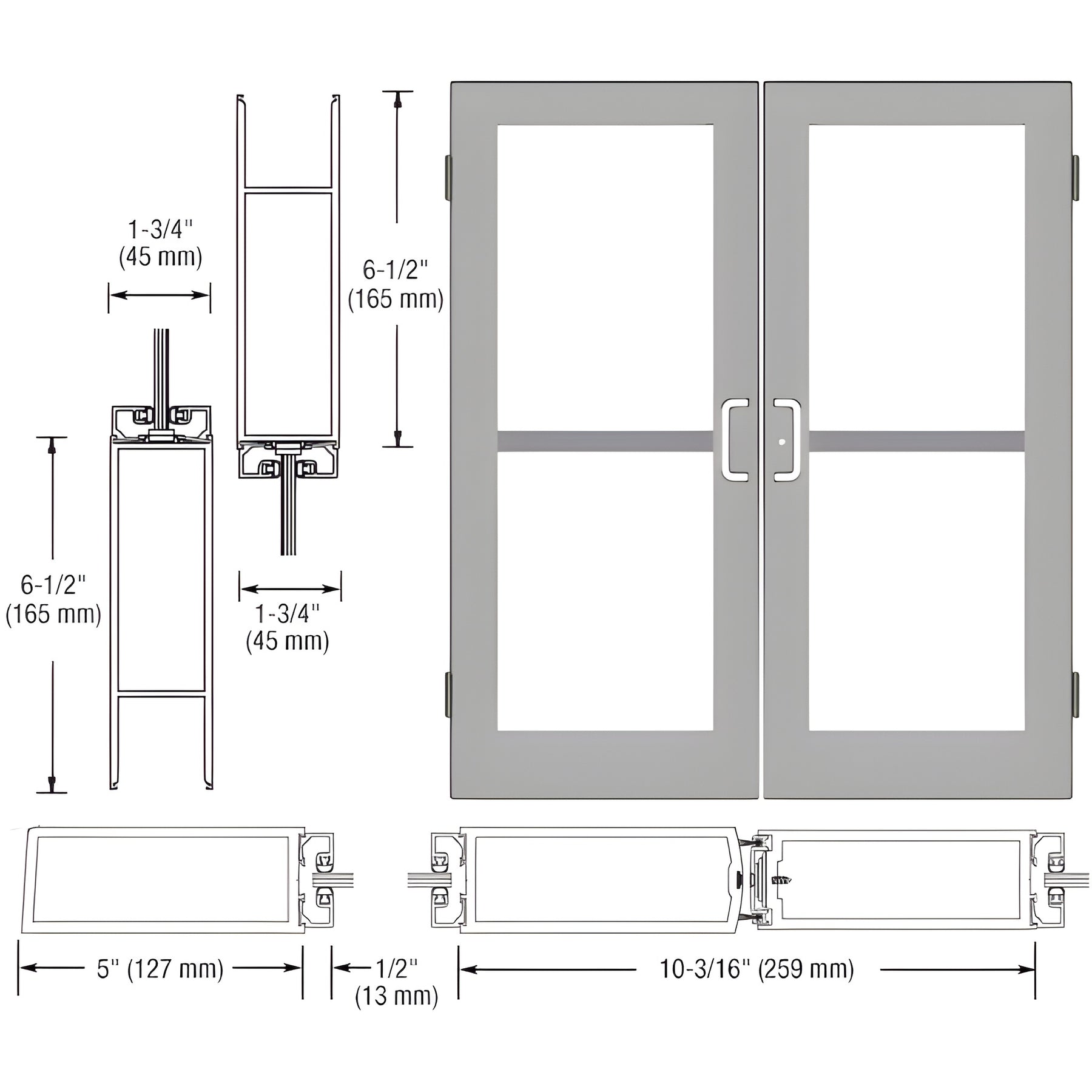 CRL-U.S. Aluminum Clear Anodized Custom Size Pair Series 550 Wide Stile Butt Hinge Entrance Door For Panics and Overhead Concealed Door Closers