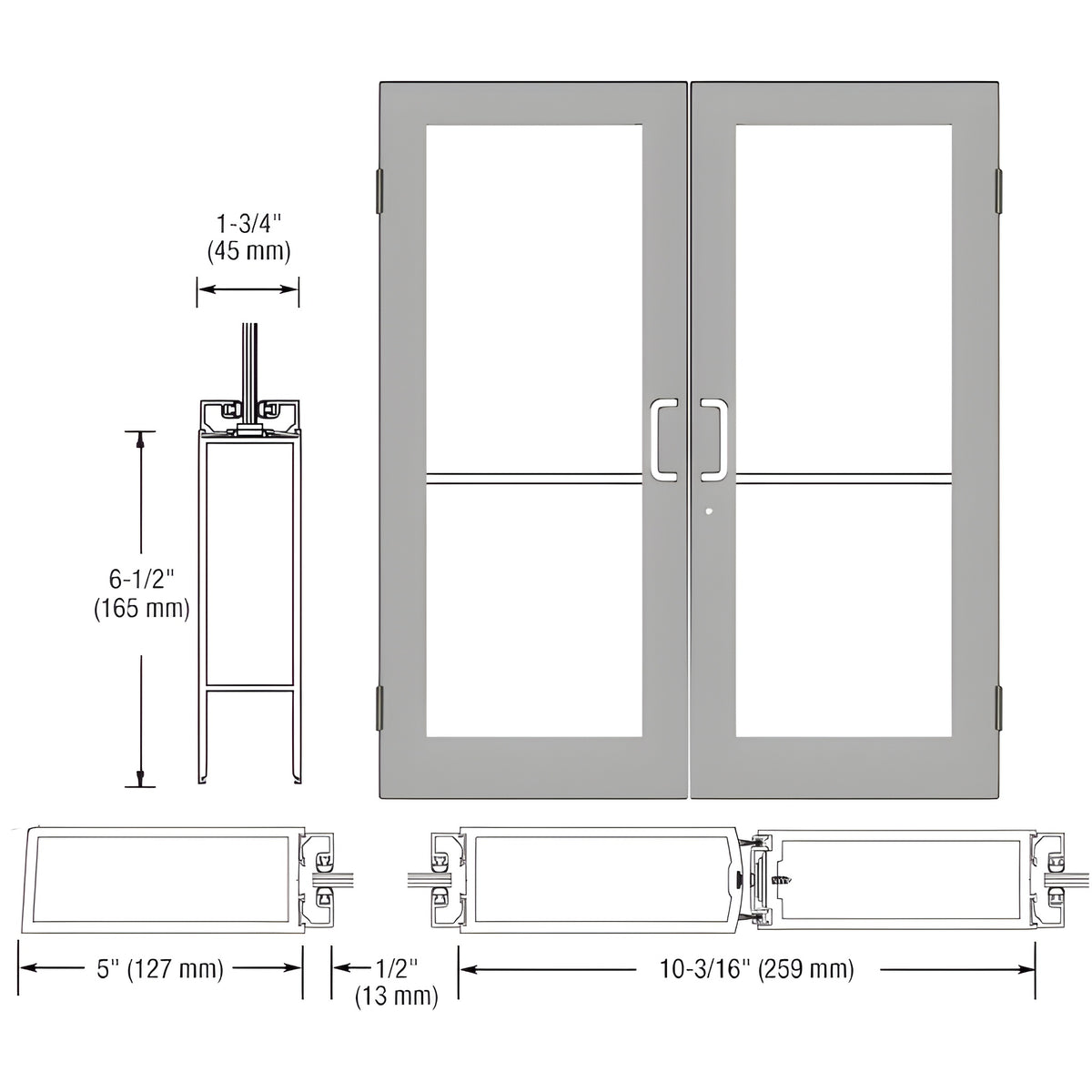 CRL-U.S. Aluminum Clear Anodized Custom Size Pair Series 550 Wide Stile Butt Hinge Showroom Doors for Surface Mount Door Closers