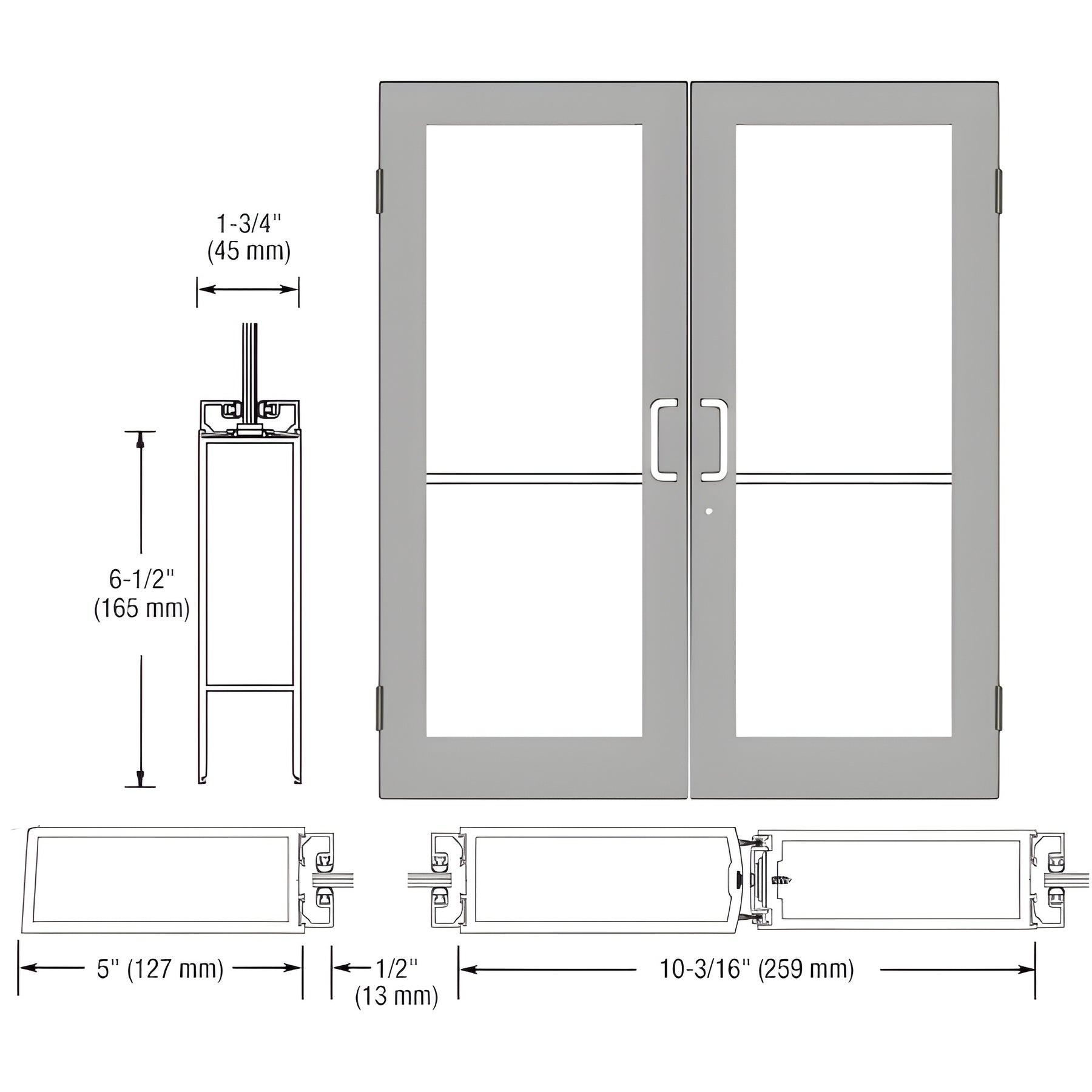 CRL-U.S. Aluminum Clear Anodized Custom Size Pair Series 550 Wide Stile Butt Hinge Showroom Doors for Surface Mount Door Closers