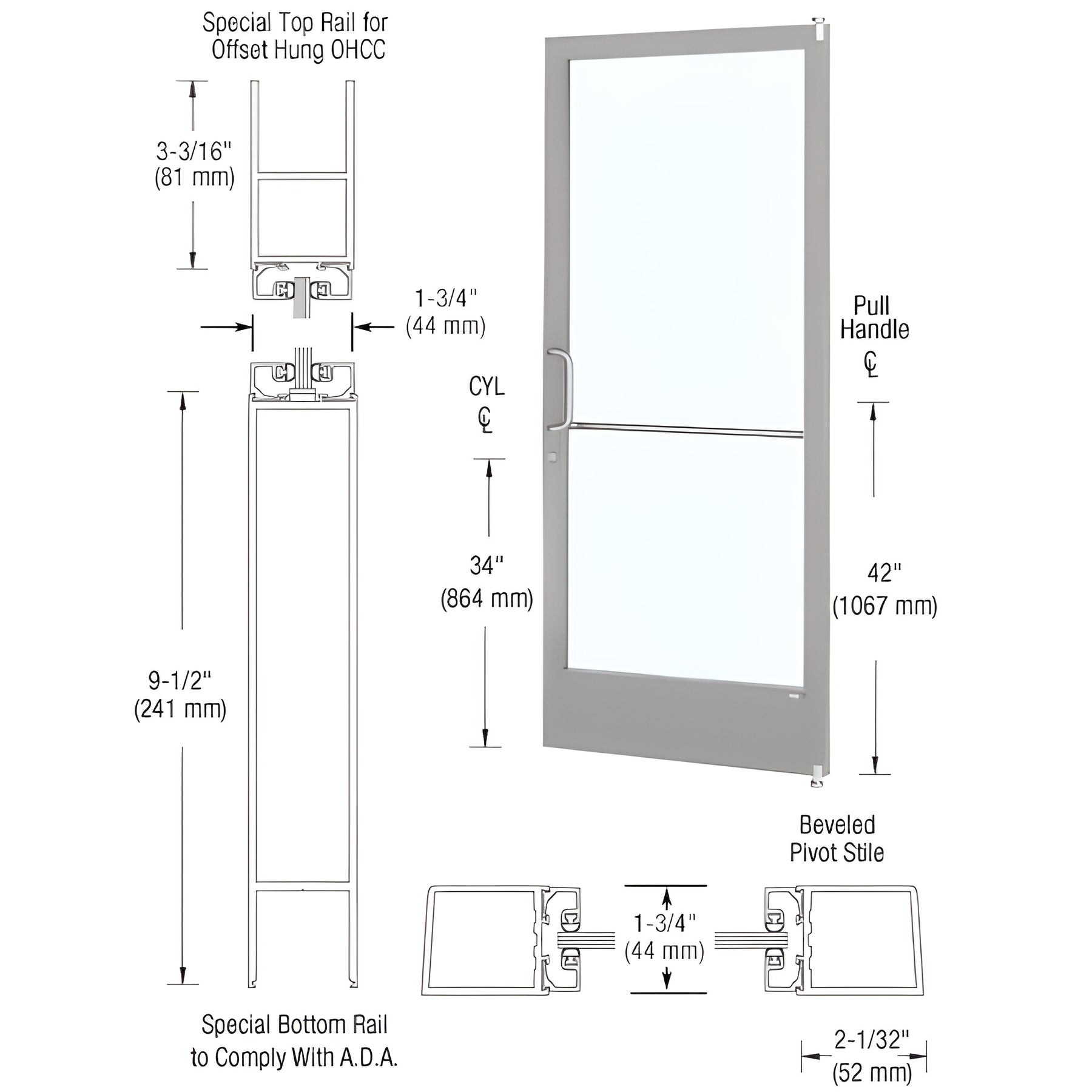 CRL-U.S. Aluminum Clear Anodized Custom Size Single Series 250 Narrow Stile Offset Pivot Entrance Door for Overhead Concealed Door Closer