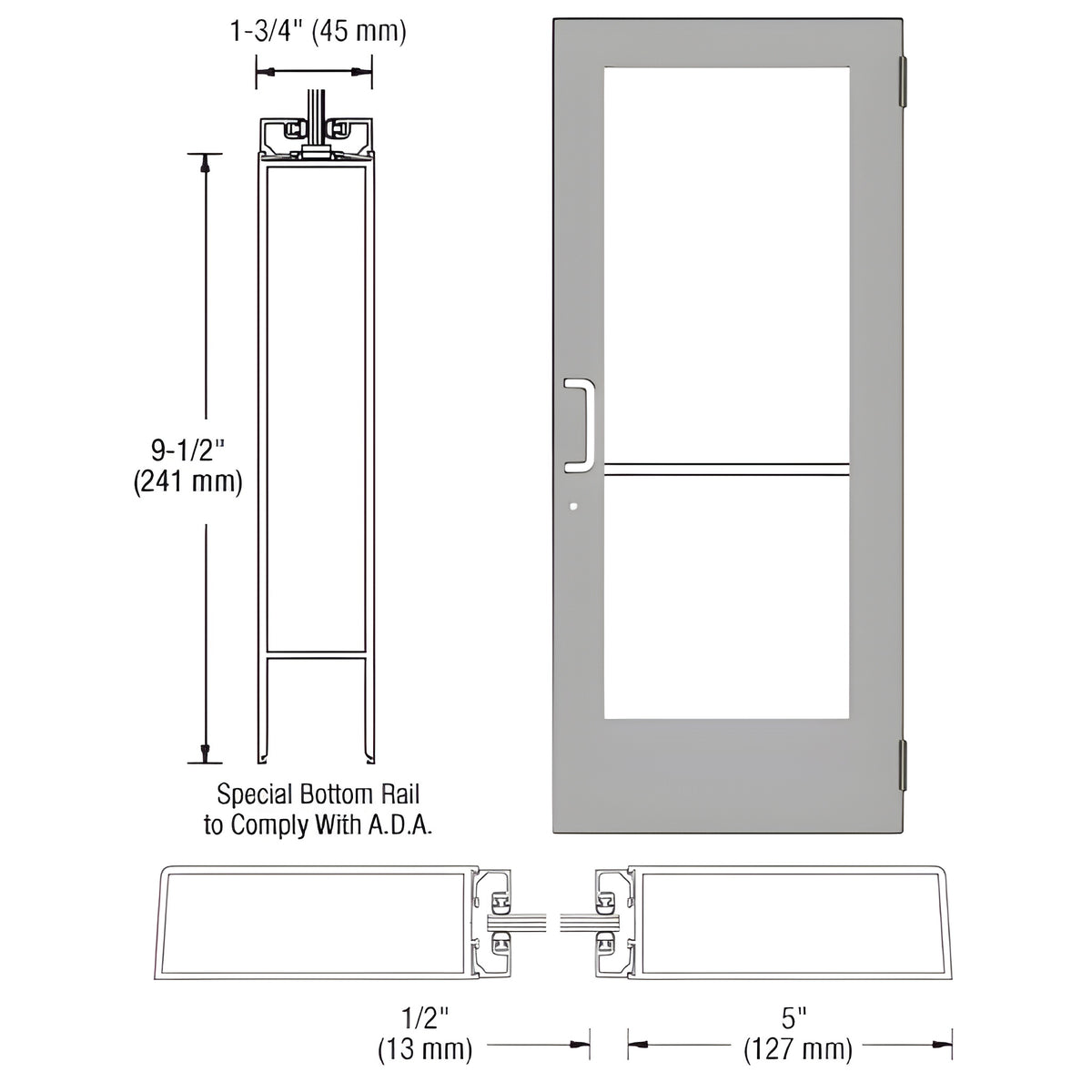 CRL-U.S. Aluminum Clear Anodized Custom Size Single Series 550 Wide Stile Butt Hinge Entrance Door ADA/Title 24