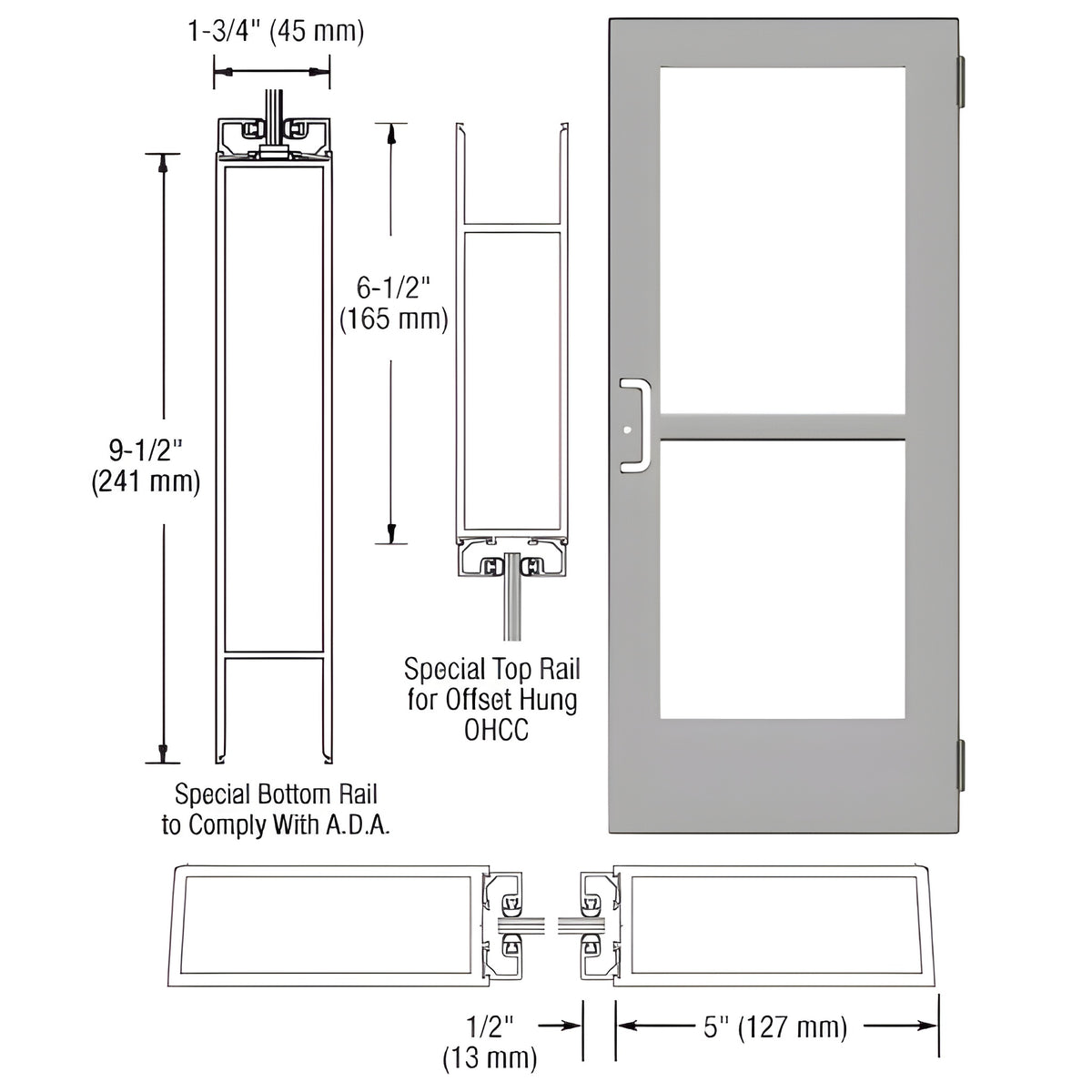 CRL-U.S. Aluminum Clear Anodized Custom Size Single Series 550 Wide Stile Butt Hinge Entrance Door With Panic for Overhead Concealed Door Closer