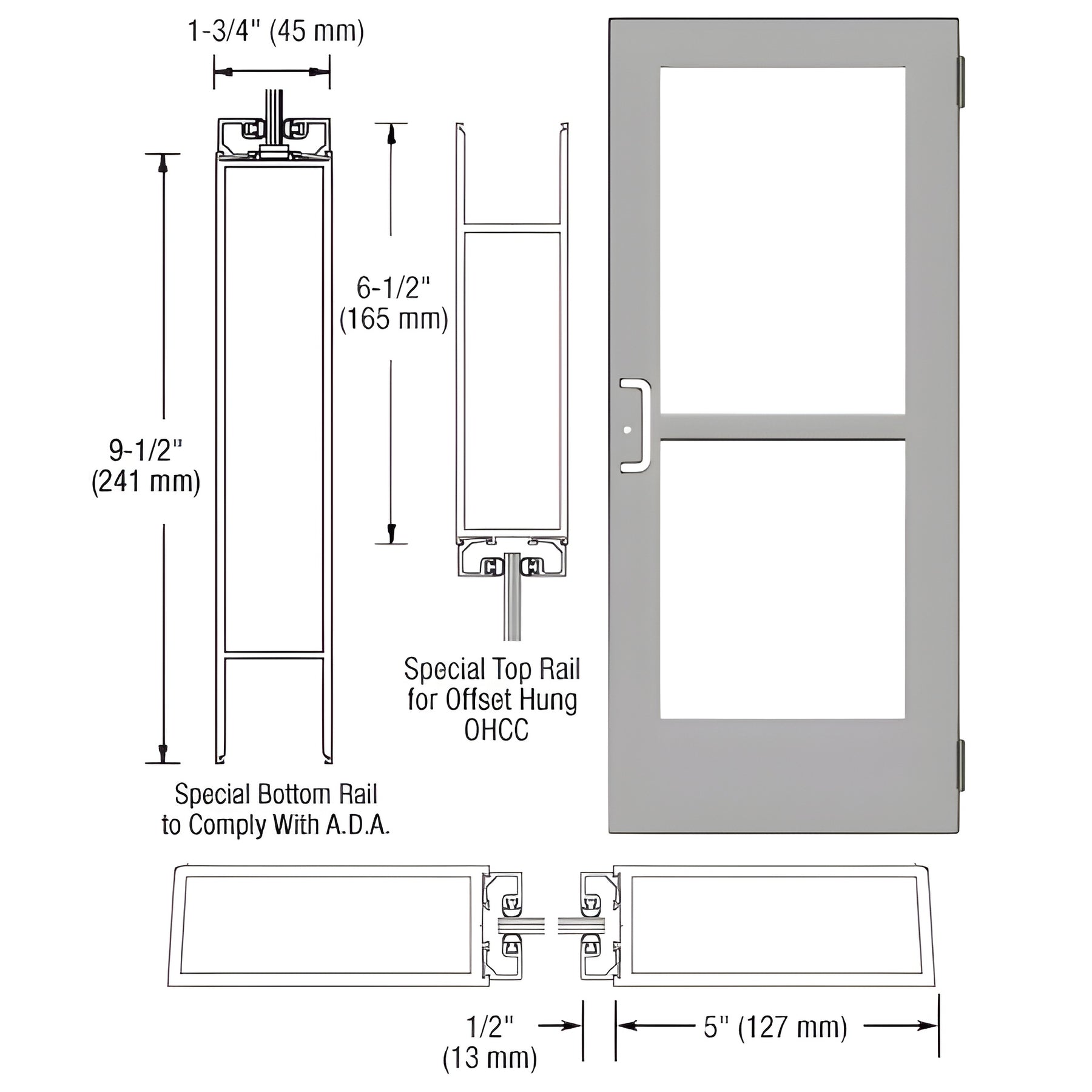 CRL-U.S. Aluminum Clear Anodized Custom Size Single Series 550 Wide Stile Butt Hinge Entrance Door With Panic for Overhead Concealed Door Closer