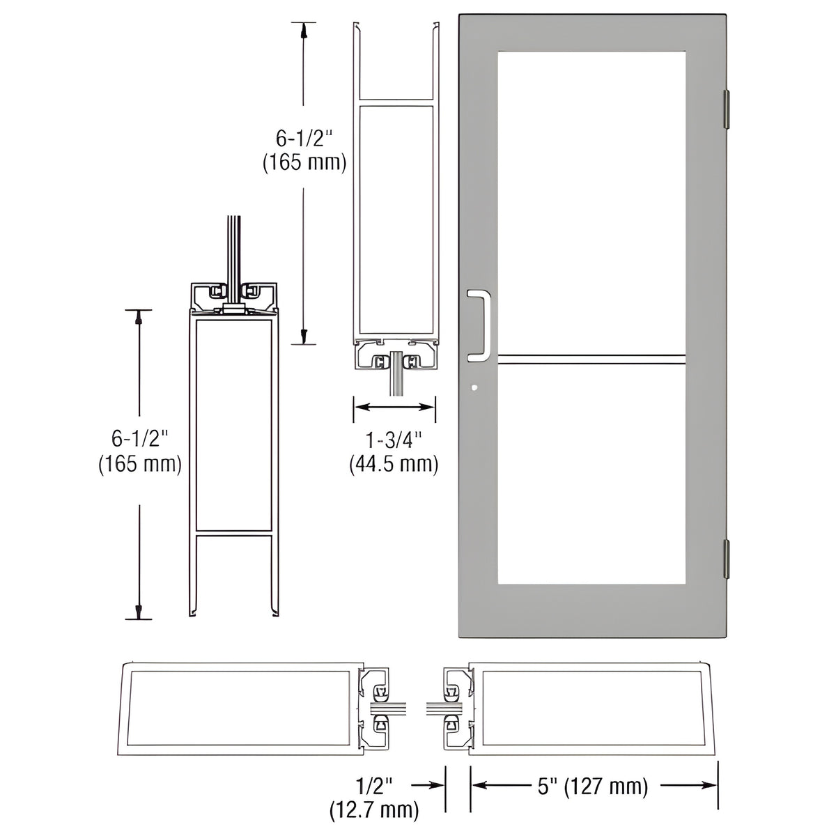 CRL-U.S. Aluminum Clear Anodized Custom Size Single Series 550 Wide Stile Butt Hinge Entrance Door for Overhead Concealed Door Closer