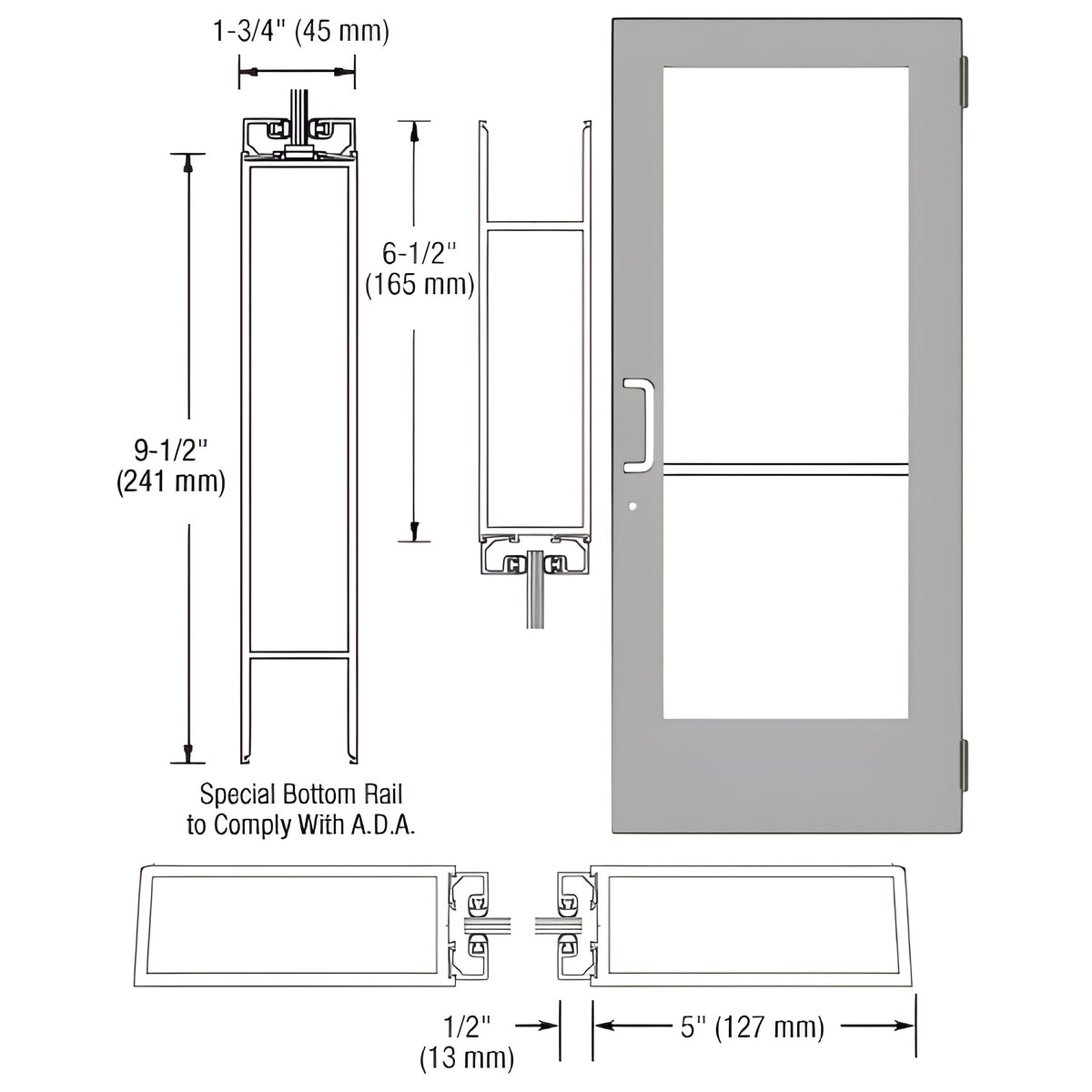 CRL-U.S. Aluminum Clear Anodized Custom Size Single Series 550 Wide Stile Butt Hinge Entrance Door for Overhead Concealed Door Closer