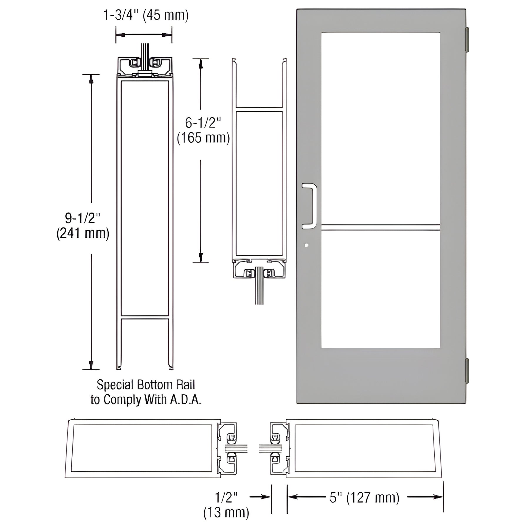 CRL-U.S. Aluminum Clear Anodized Custom Size Single Series 550 Wide Stile Butt Hinge Entrance Door for Overhead Concealed Door Closer