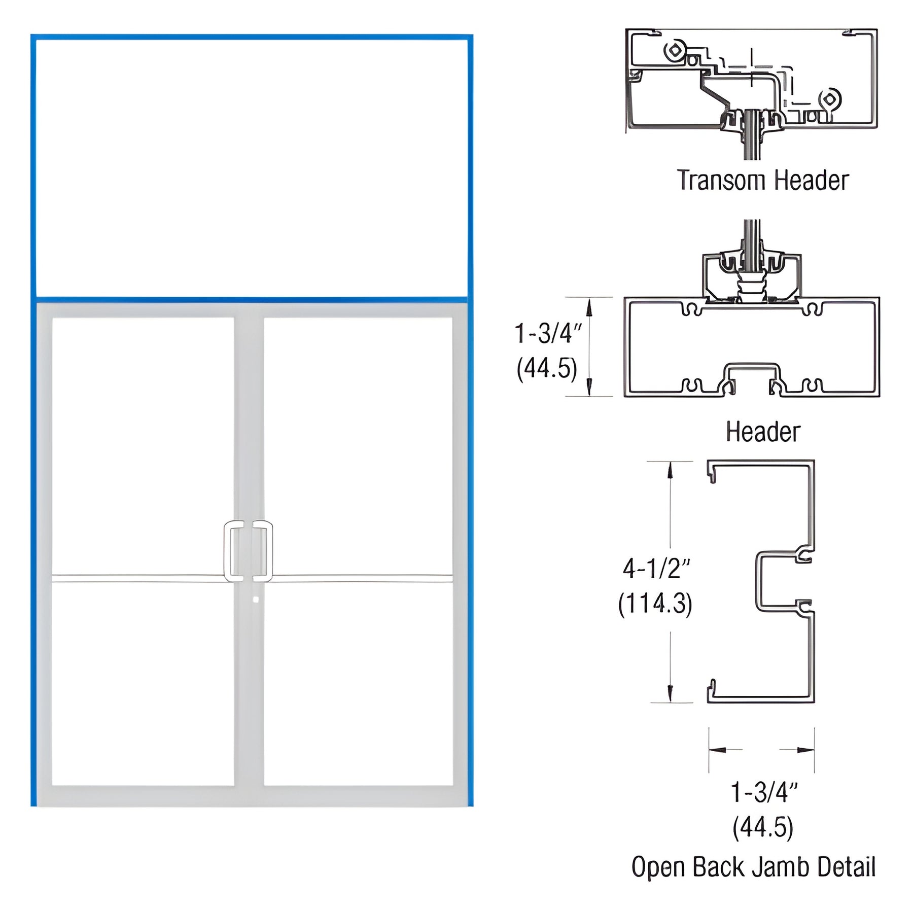 CRL-U.S. Aluminum Clear Anodized Double Door 75-1/2" x 85-3/4" 450 Series Transom Frame for Offset Pivot Using Surface Mount Closers