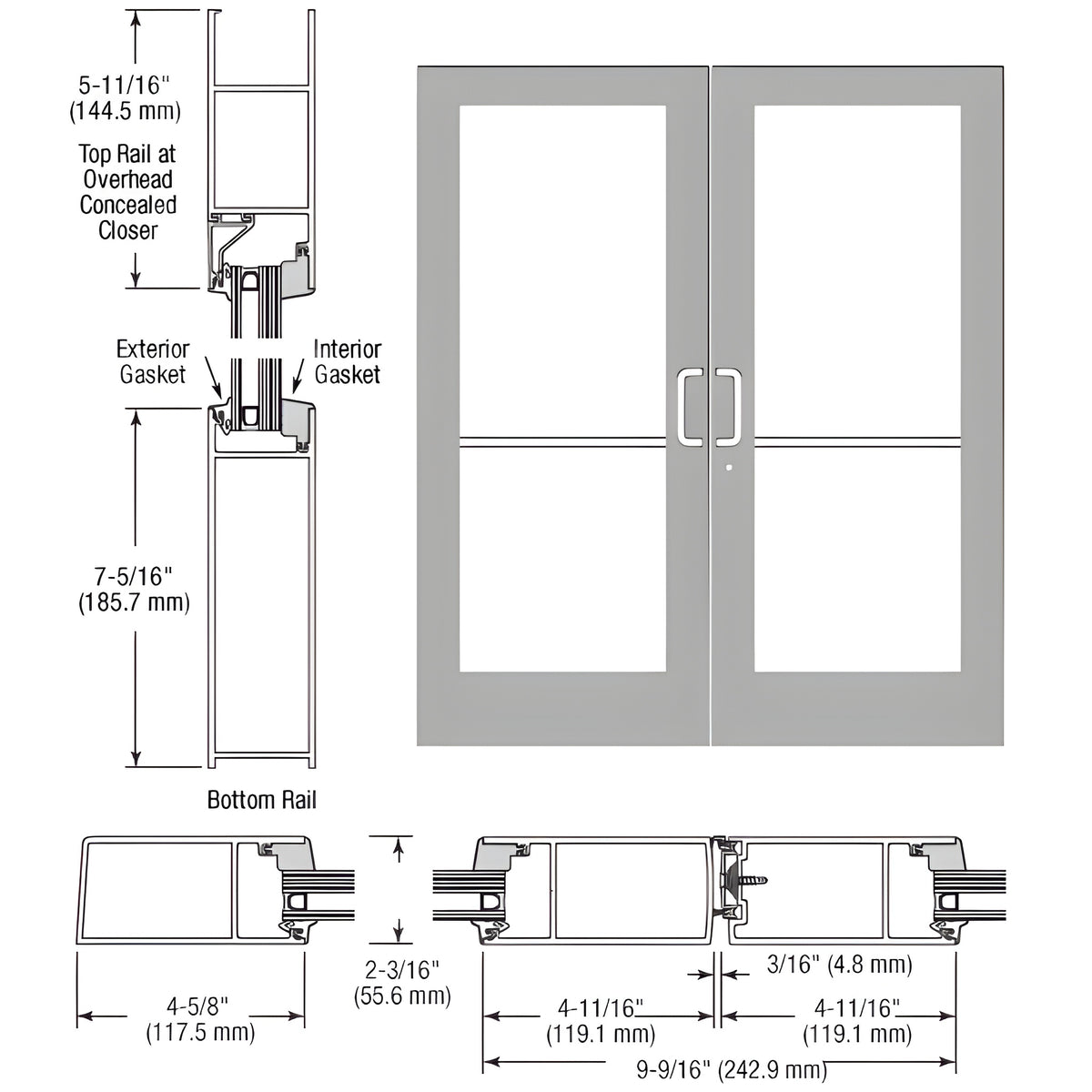 CRL-U.S. Aluminum Clear Anodized IG600 Series Custom Pair StormFront™ Butt Hinged Entrance for Concealed Overhead Closer